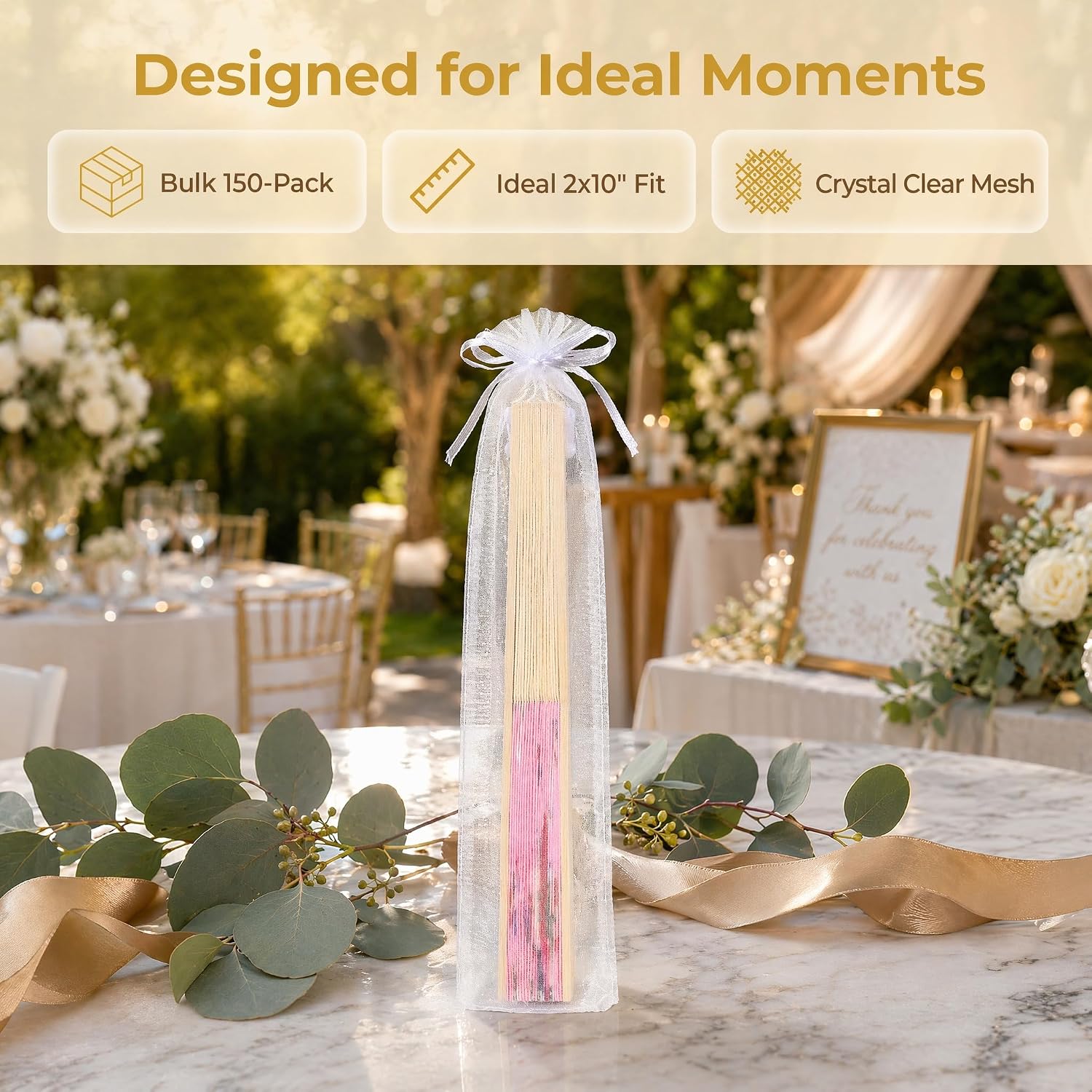 DOITOOL 150 Pcs White Organza Hand Fan Bags for Wedding Favors, 2x10 Inch Sheer Drawstring Pouch, Folding Fan Bags Packaging for Party Supplies Candy Toys Jewelry Treats image 2