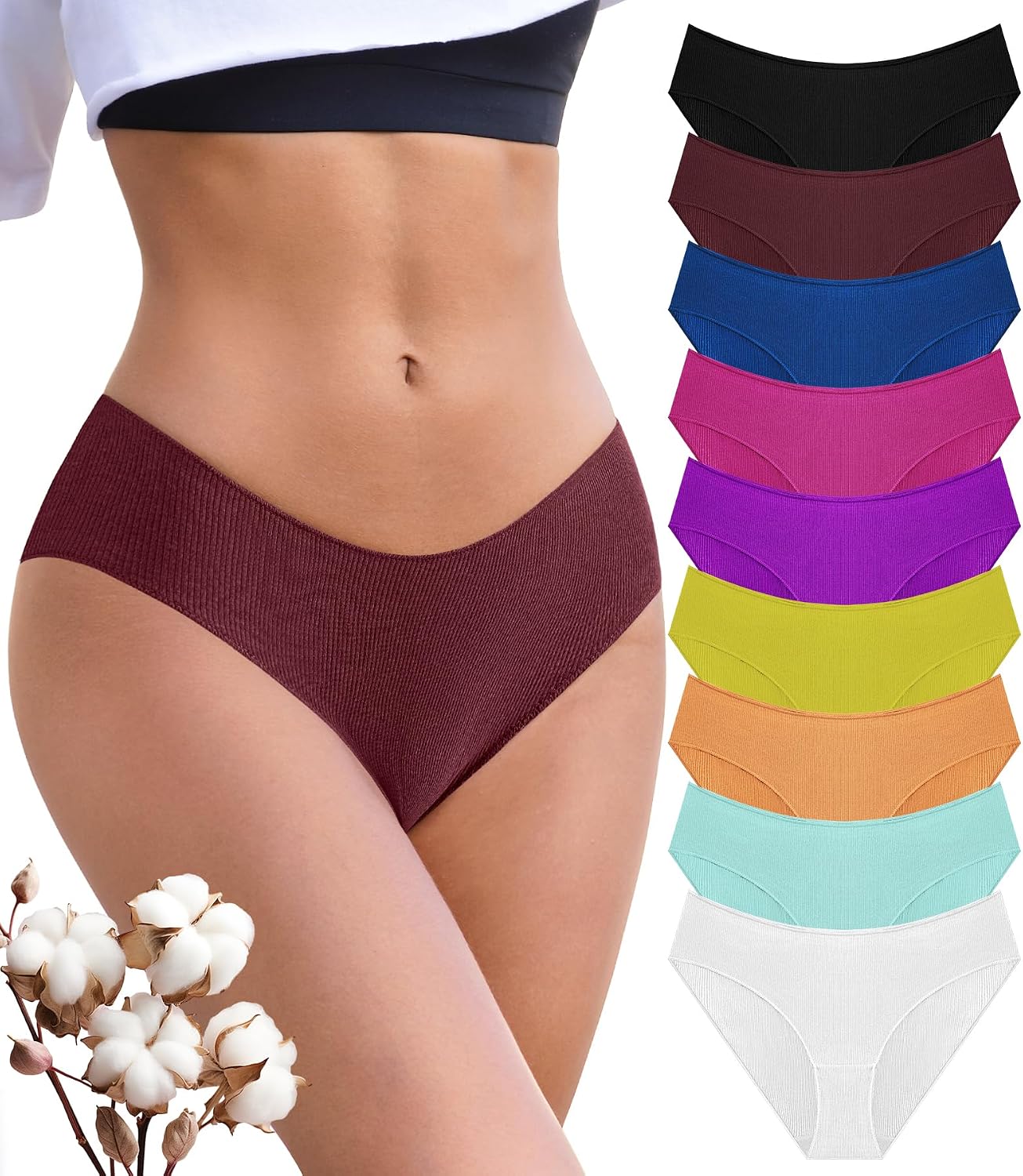 9 Pack Cotton Underwear for Women Bikini Panties Low Rise Hipster Womens Bikini High Cut Ribbed Ladies Underwear
