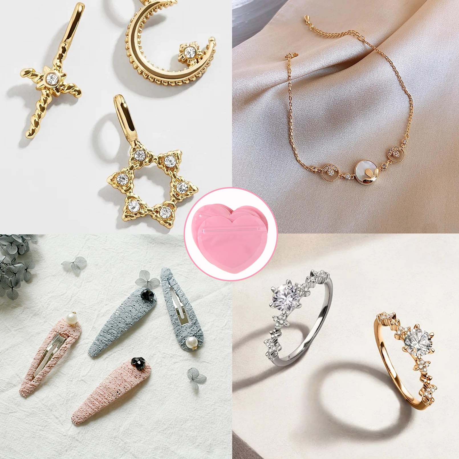 100 Bolsas de joyería,Bolsas Hermeticas Pequeñas Resellable en Forma de Corazón,Bolsas Plastico Transparente Almacenamiento de Joyas Antideslustre para Anillos,Pendientes,Pulseras,Collares (Rosa)