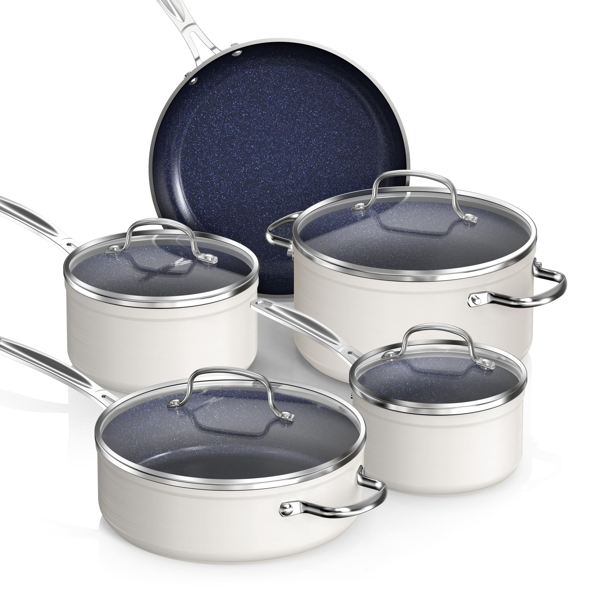 Nuwave Healthy Duralon Blue Ceramic Nonstick Coated 9pc Cookware Set, Scratch-Resistant Diamond Infused, PFAS Free, Induction Ready & Evenly Heats, Oven Safe, Tempered Glass Lids, 9 PC, Vanilla Cream