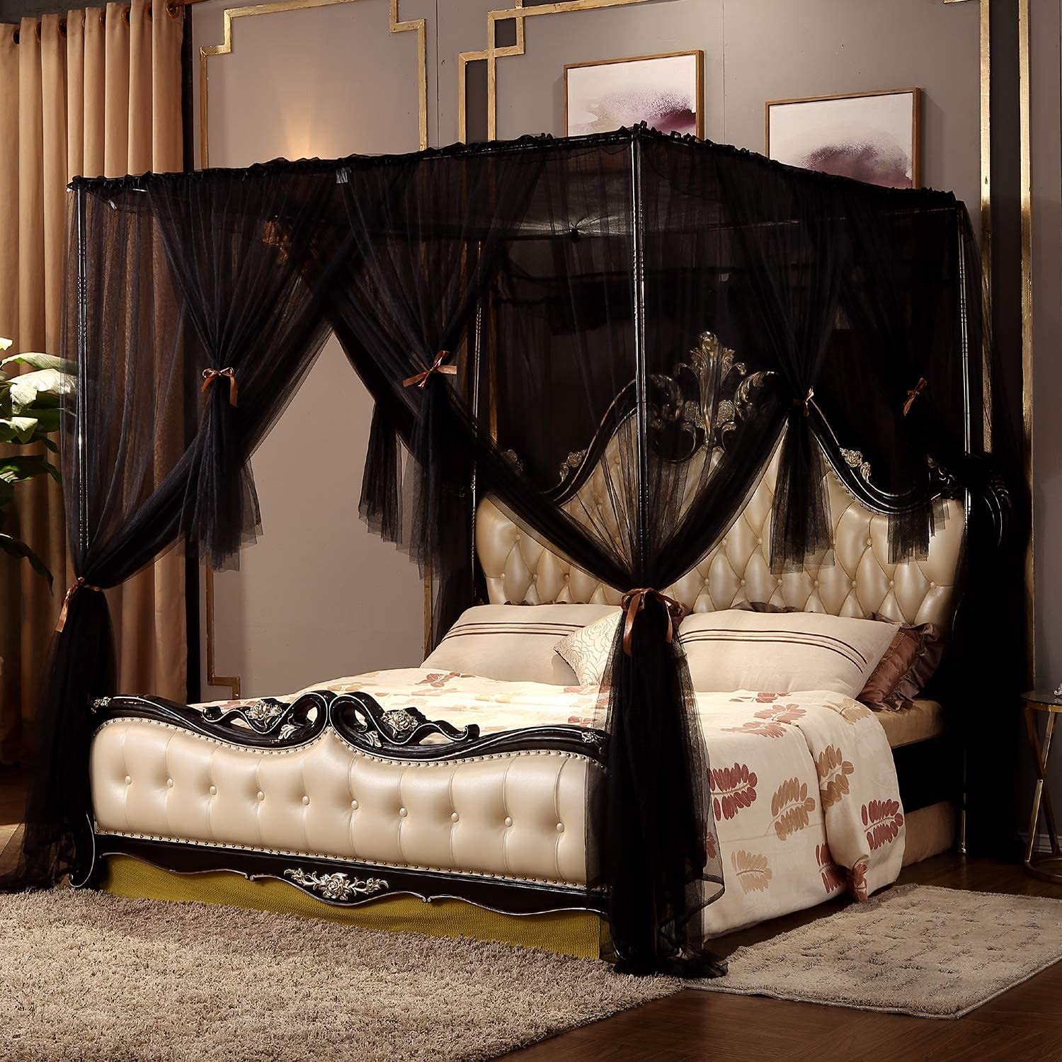 Buyagain Black 59" W*78" L*82" H 4 Corners Post Canopy Bed Curtain - Royal Luxurious Cozy Drape Netting - 3 Opening Mosquito Net - Princess Bedroom Decoration Accessories (Suggested for Full/Queen)-image-39