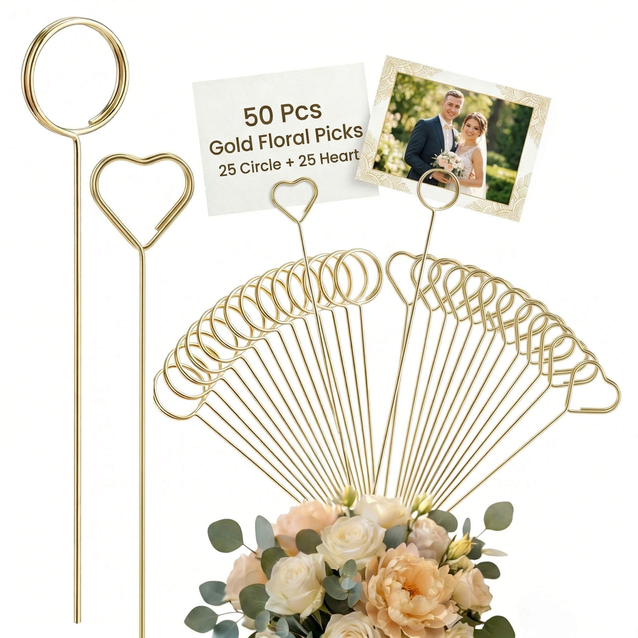 50Pcs Metal Floral Card Holder Picks - Flower Card Holder Sticks for Gift Cards & Flower Bouquet. Floral Picks & Picture Photo Holders for Centerpieces, Wedding Birthday Party Decoration Accessories