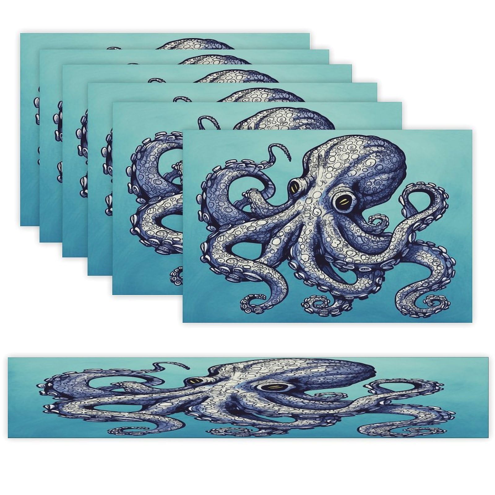 Octopus Design Table Runner and Placemats of 6 Washable Heat Resistant Place Mats with Table Runner Vintage Holiday Table Mat Set for Holiday Party Kitchen Dining Deco