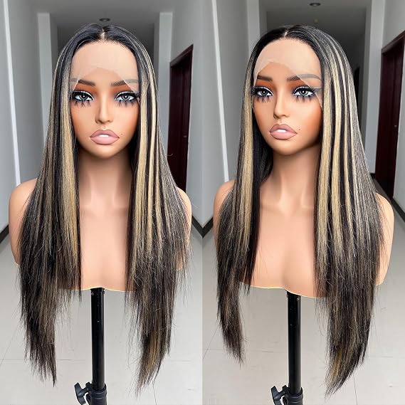 X-Tress Blonde Highlight Straight Lace Front Wig 13x4x1 T Part Lace Synthetic Wig for Women Wear and Go with Baby Hairline Long Middle Part (Blonde Highlight)