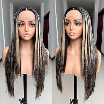 X-Tress Blonde Highlight Straight Lace Front Wig 13x4x1 T Part Lace Synthetic Wig for Women Wear and Go with Baby Hairline Long Middle Part Blonde Highlight