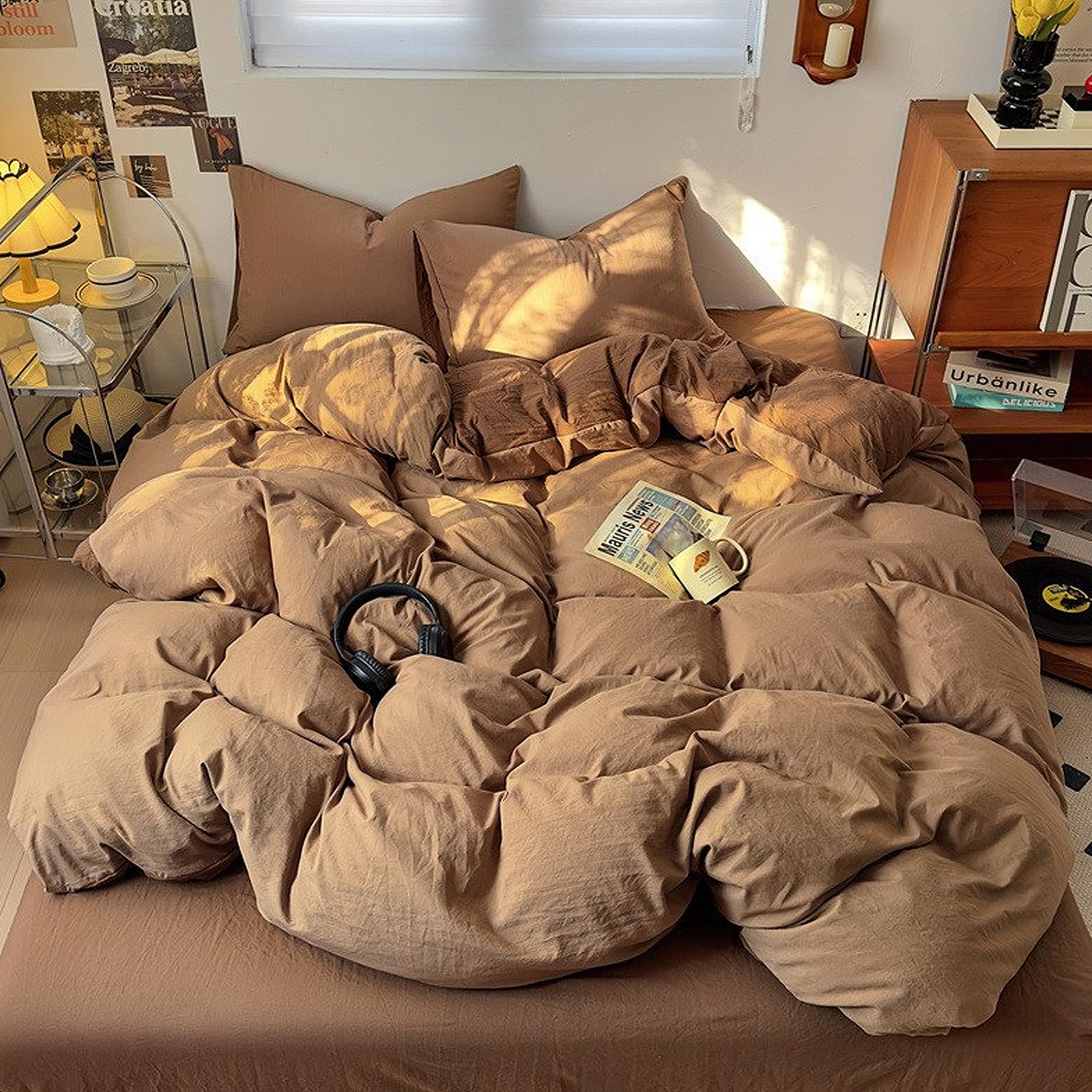 UCHAUNG Duvet Cover Set King Size 4 Pcs, Include 1 Quilt Cover 200 x 230cm & 2 Pillow Cases 48 x 74cm & 1 Bedsheet 235 x 250cm, Upgraded Super Soft Washed Cotton Bedding Set - Milk Coffee Brown Queen Size (Quilt Cover 200 x 230cm) Milk Coffee Brown