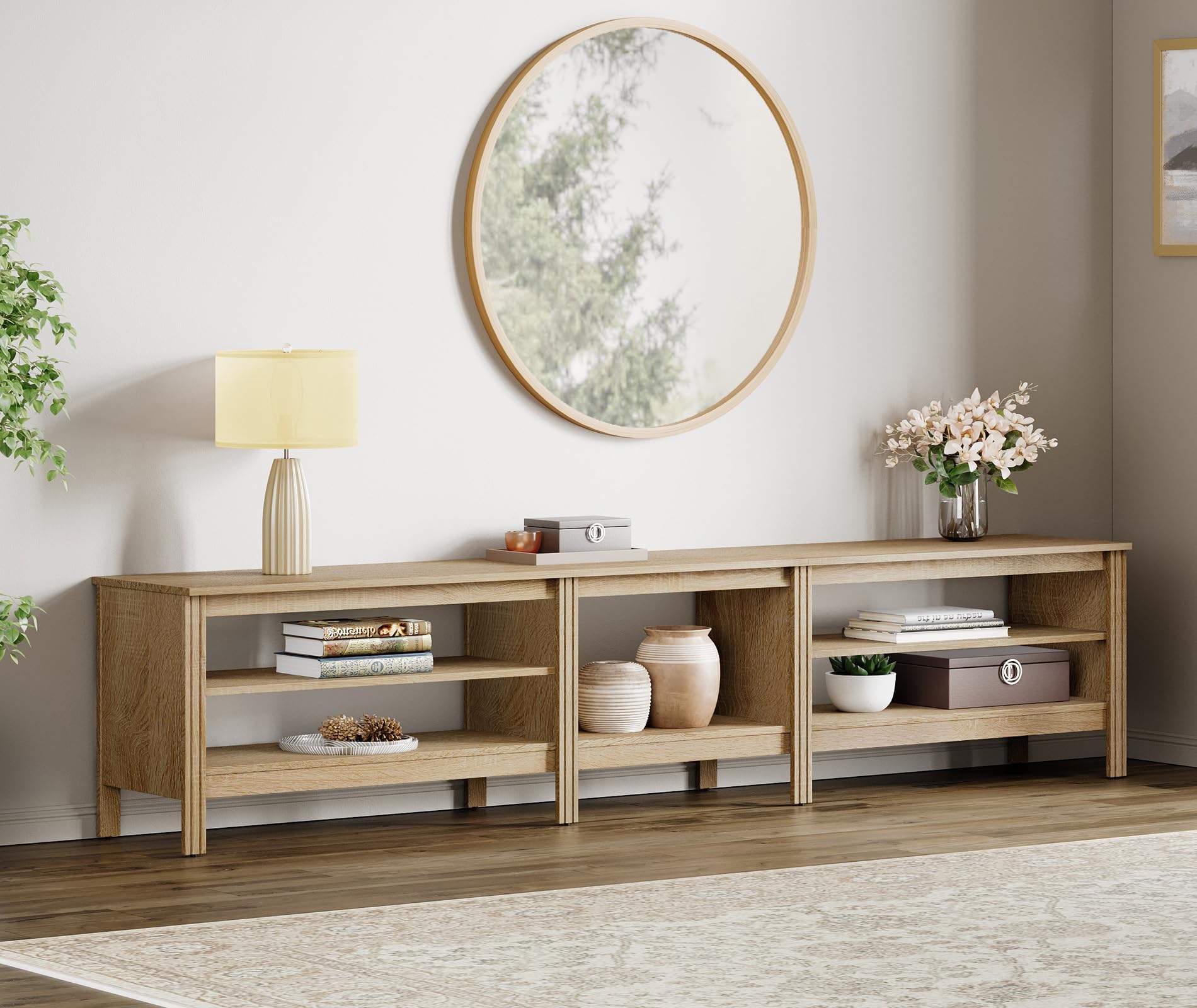 WAMPAT TV Stand for 85 Inch TV, Wood Entertainment Center for 80 90 100 inch TV Console Table with 5 Cubby Storage for Living Room Bedroom, Oak