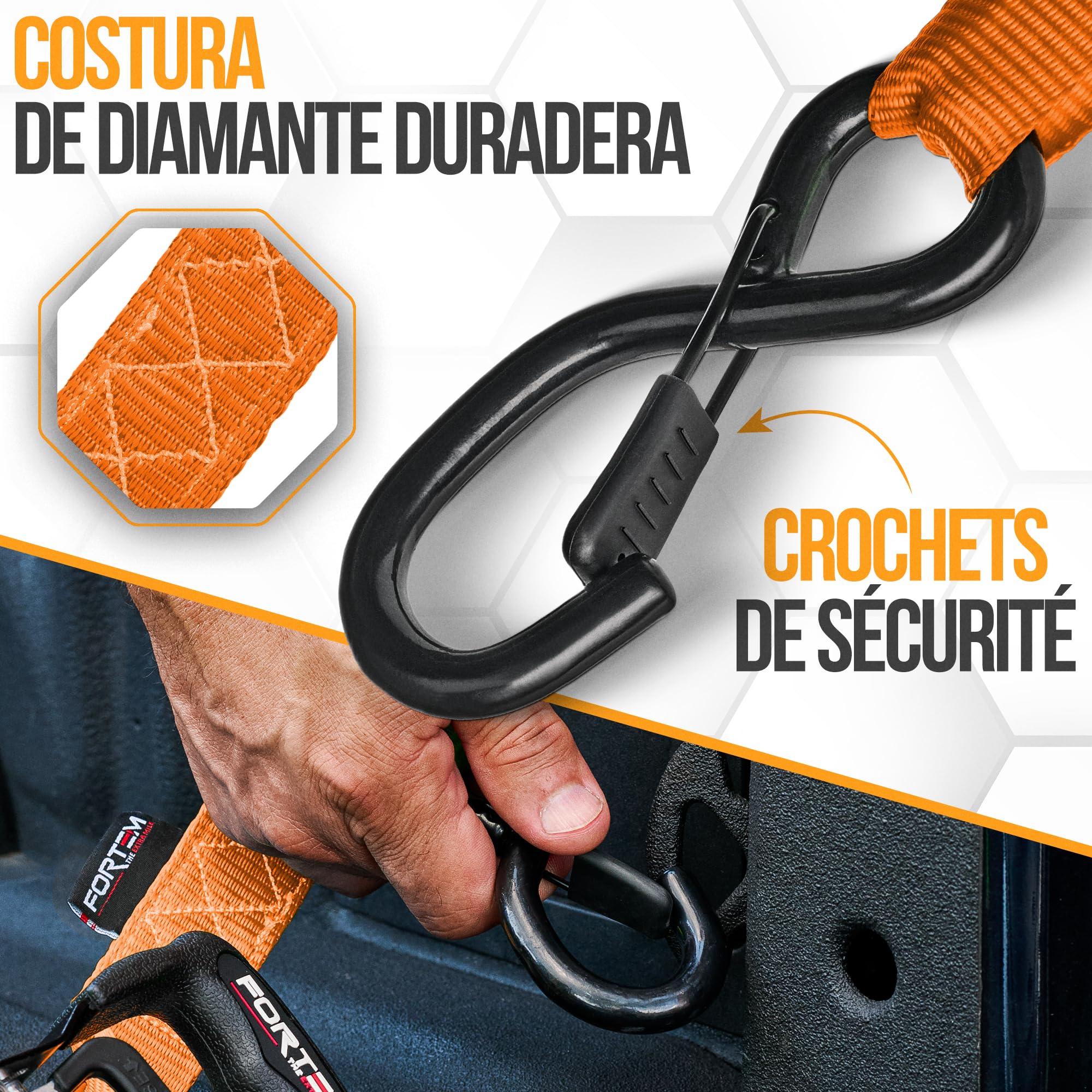 FORTEM Correas De Trinquete, Resistencia 2362kg, 4 Unidades De 3,04m, 4 Lazos Suaves, Mangos Metálicos con Goma, Ganchos con Capa Plástica, Bolsa De Transporte