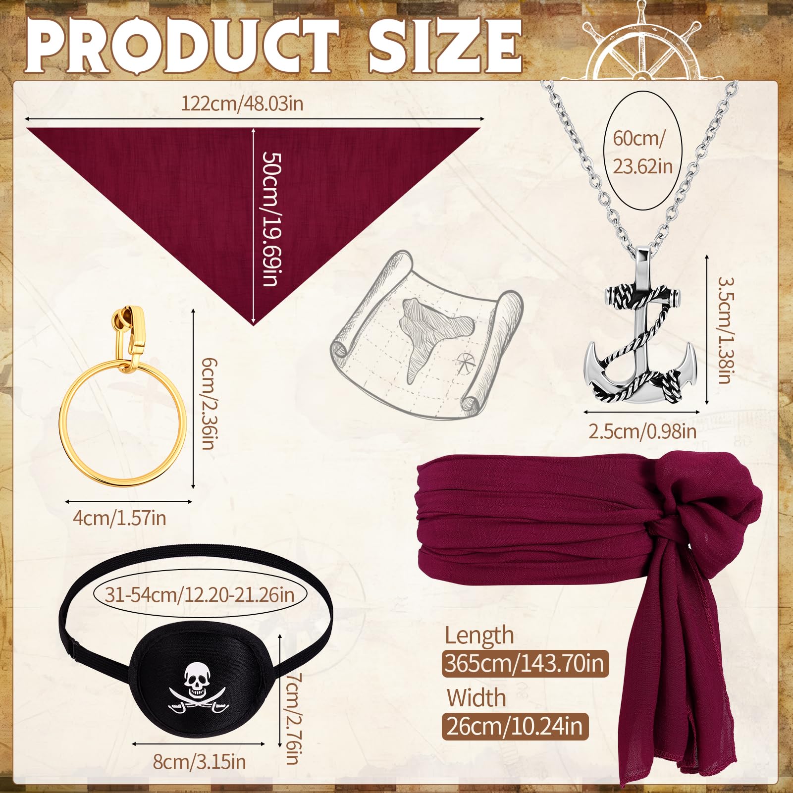 GSrenyu 5 Pcs Pirate Accessories for Adult Kids Pirate Bandana Belt Eye Patch Earring Necklace for Fancy Dress Festivals Cosplay - Image 2