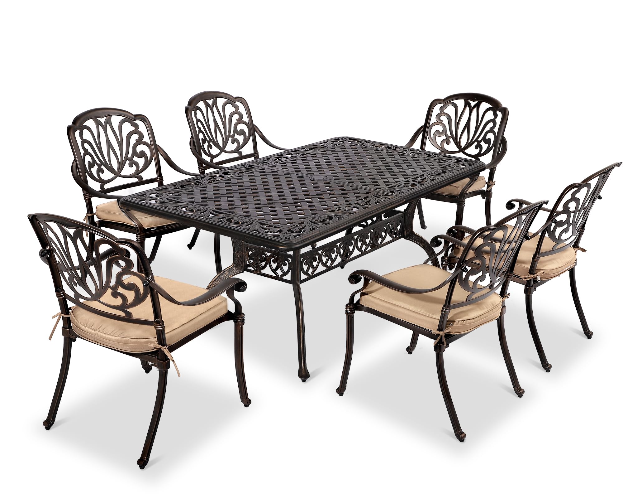 Grepatio7 Piece Patio Dining Set Outdoor Dining Set Cast Aluminum Furniture Set with 6 Dining Chairs with Cushion and Dining Table for Backyard Garden Deck Poolside (Khaki)