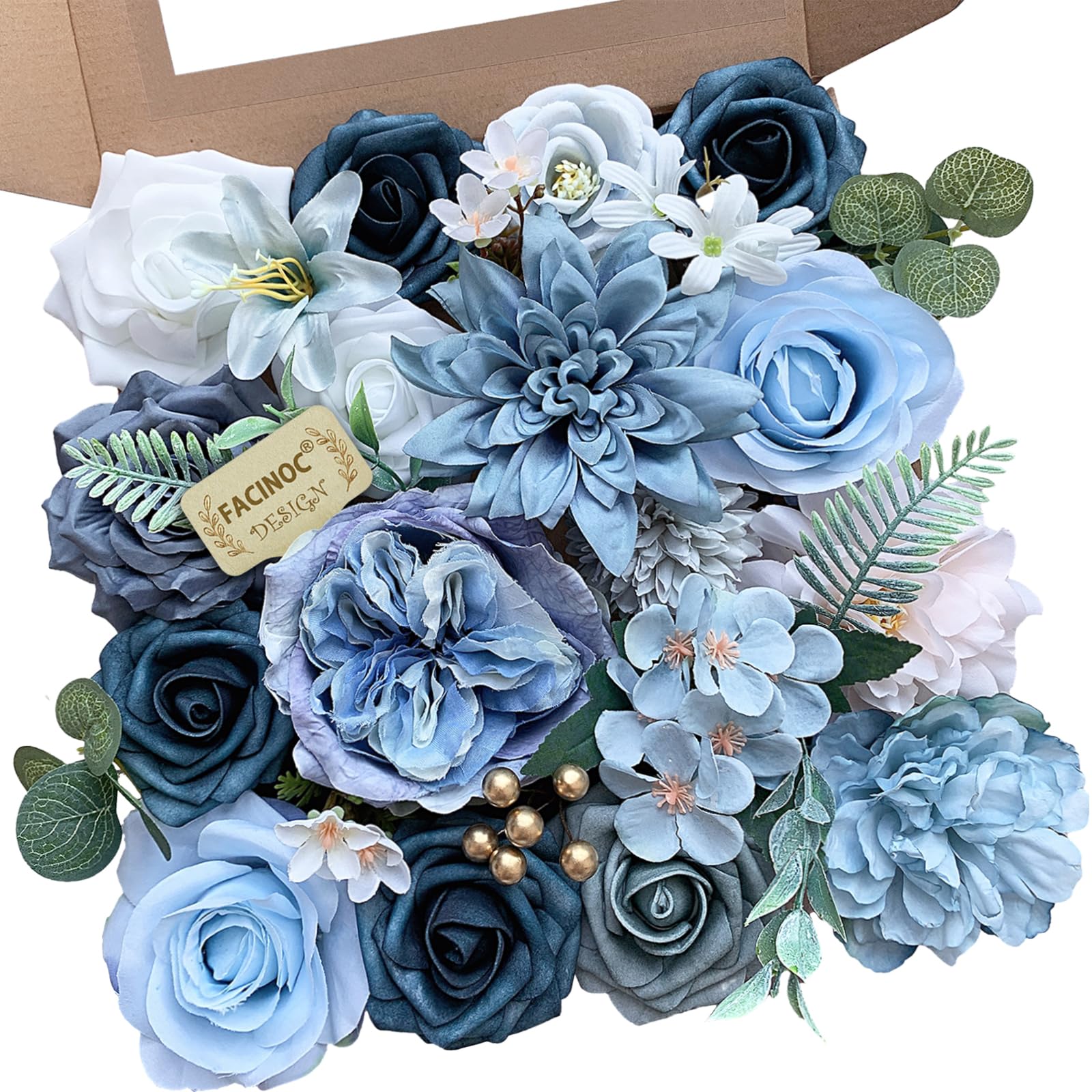Roses Artificial Flowers Blue Fake Flower Bulk for DIY Wedding Bouquet Bridal Baby Shower Centerpiece Table Decorations Silk Faux Floral Arrangements for Party Home Decor Cake Decorating