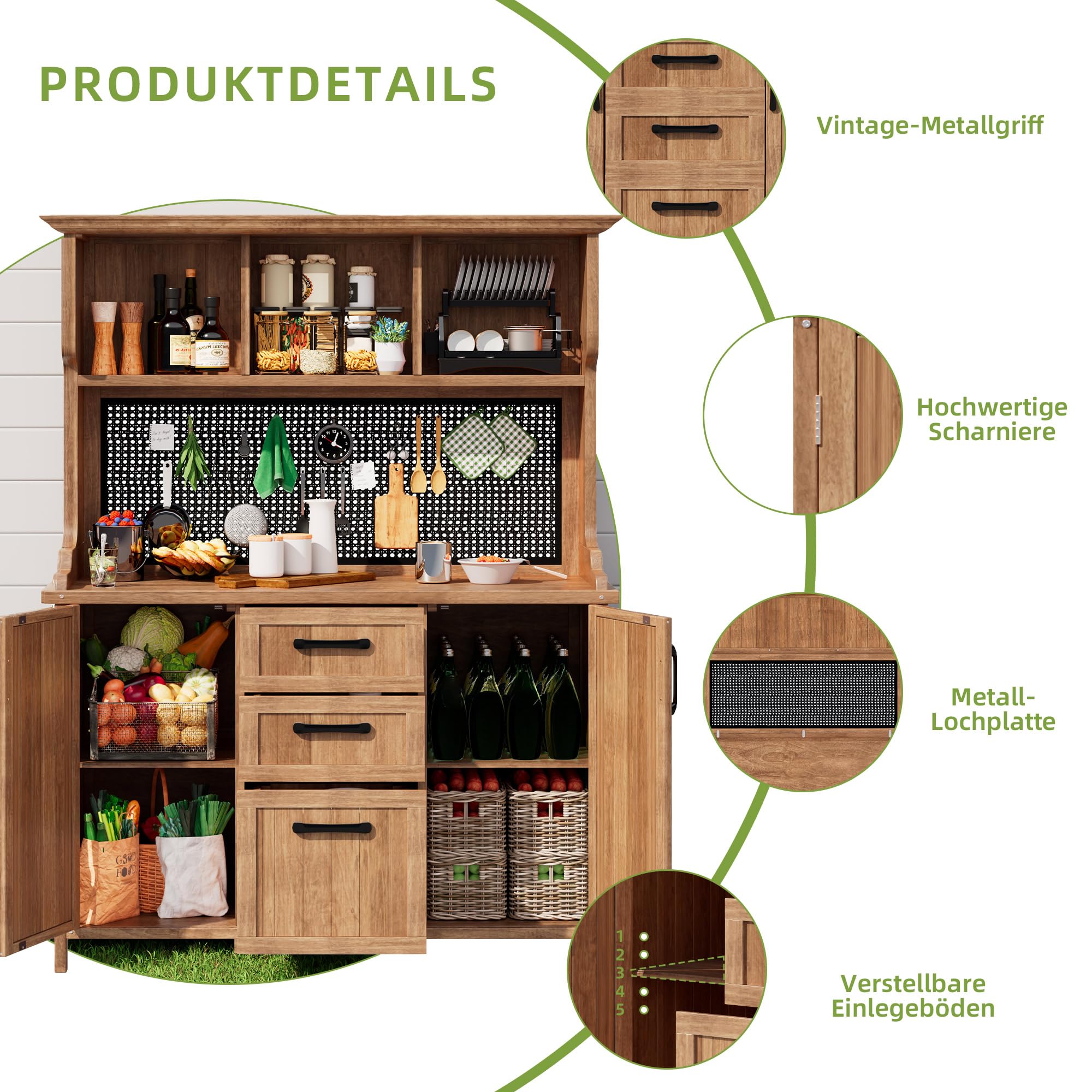 Gartenschrank Massivholz wetterfest Grün mit Arbeitsplatte & 2 Schubladen, Outdoor-Geräteschrank für Garten Terrasse Balkon, mit 2 Regalböden & magnetischem Schloss