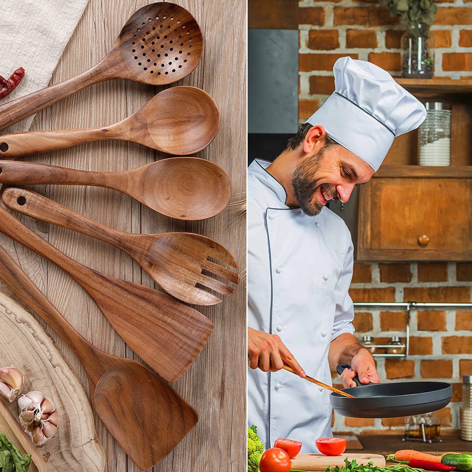 Küchenutensilien-Set, Holzlöffel zum Kochen, natürliches Teakholz, Küchenspatel-Set zum Kochen, inklusive Löffel, Schöpflöffel, Gabel, antihaftbeschichtet, Pfanne, Küchenwerkzeug (6)