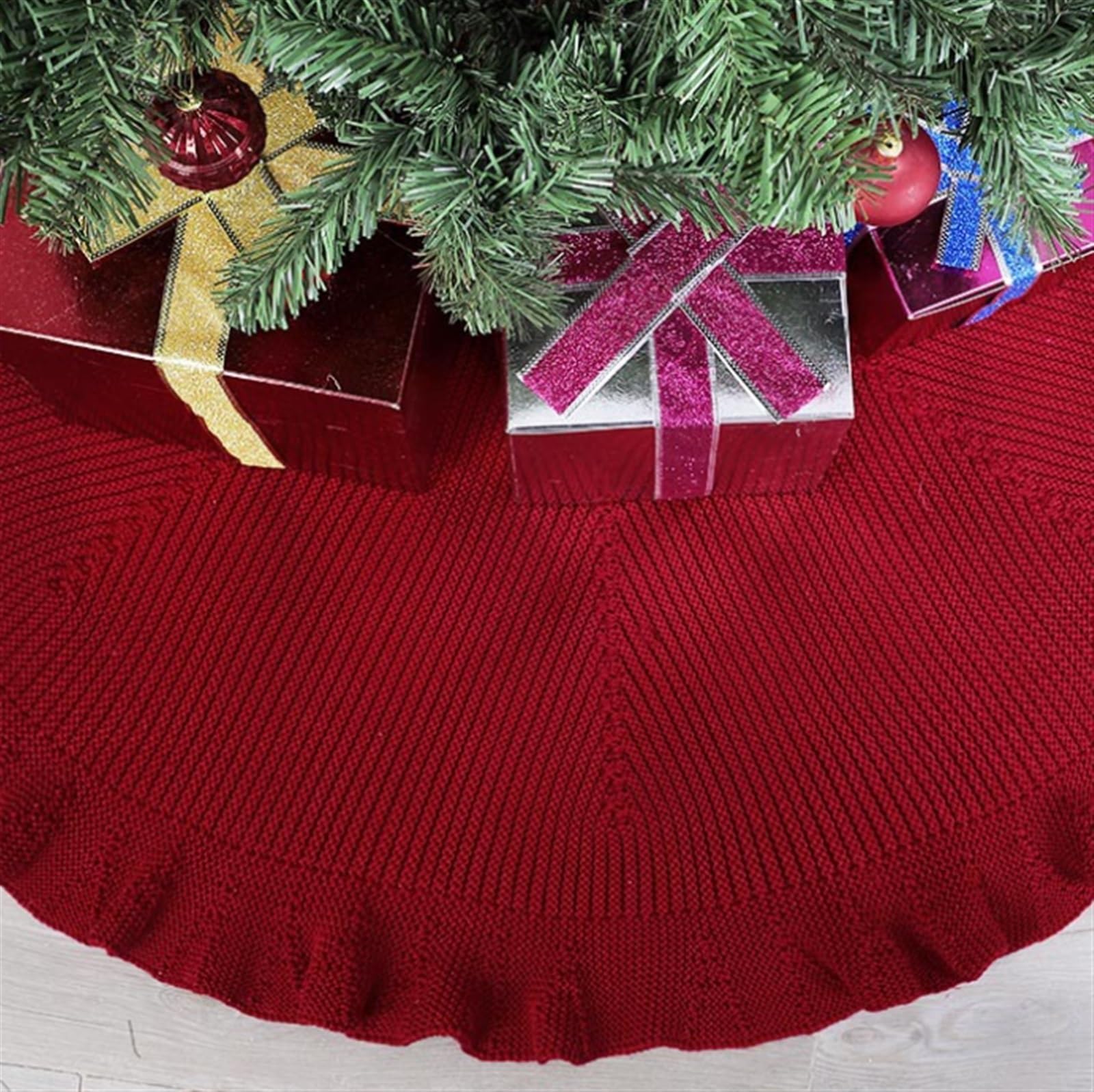 Tapis de Sapin de Noel Jupe d'arbre De Noël Tricotée À Volants, Rustique Plissée Épaisse, Décoration Vacances Couvre-Pied d'arbre