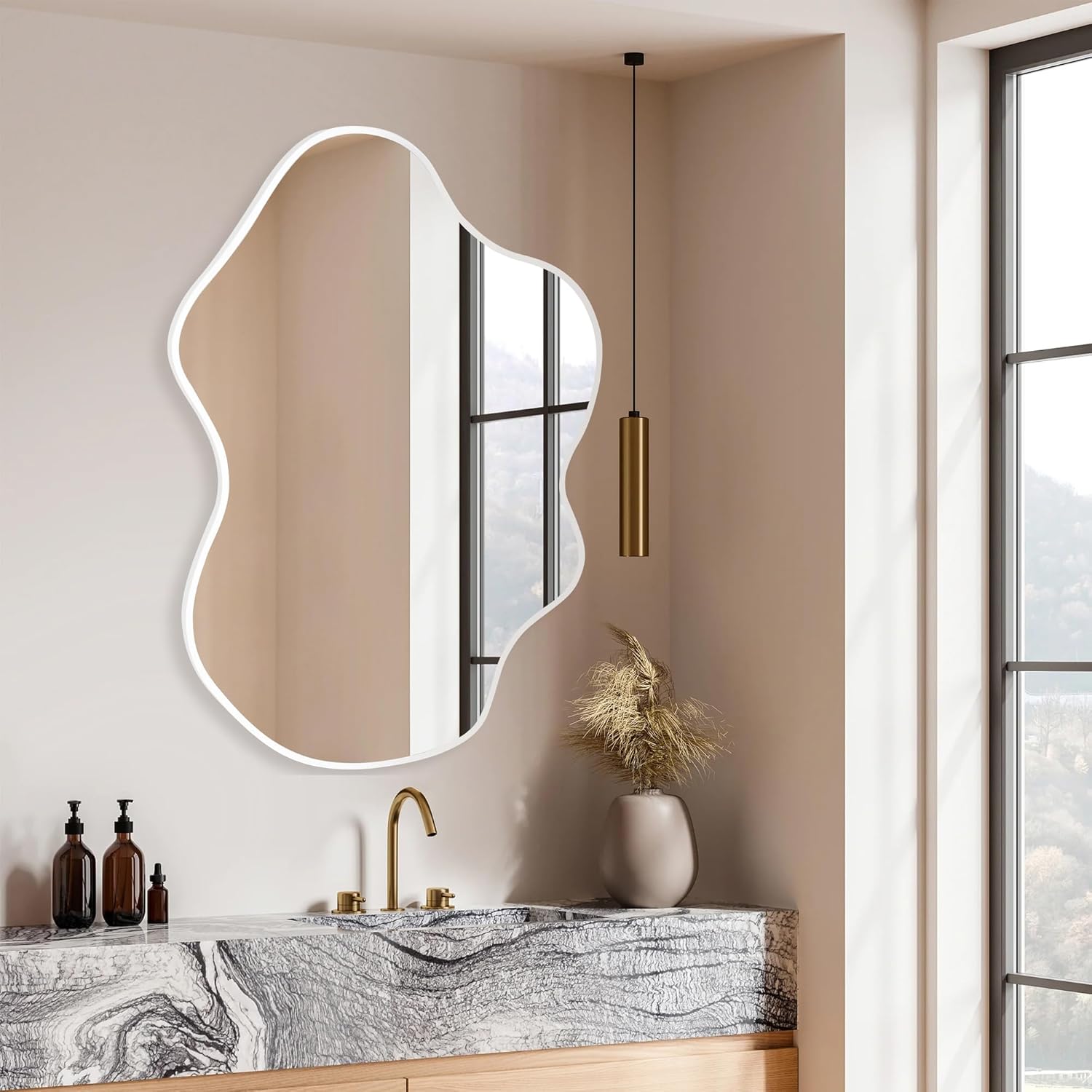 White Framed Bathroom Mirror 22''x30'', Irregular Clouds Shaped Decorative Mirrors with Tempered Glass for Bedroom Bathroom Living Room or Entryway