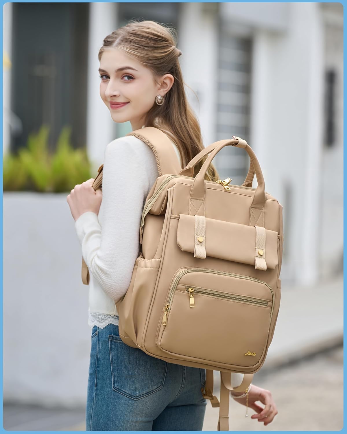 Hidds Laptop Backpack for Women 15.6 In Work Business Computer Bag School College Backpacks Commuter Back Pack Purse Girls Nursing Bookbags Womens Anti Theft Travel Daypack with USB Port - Champagne