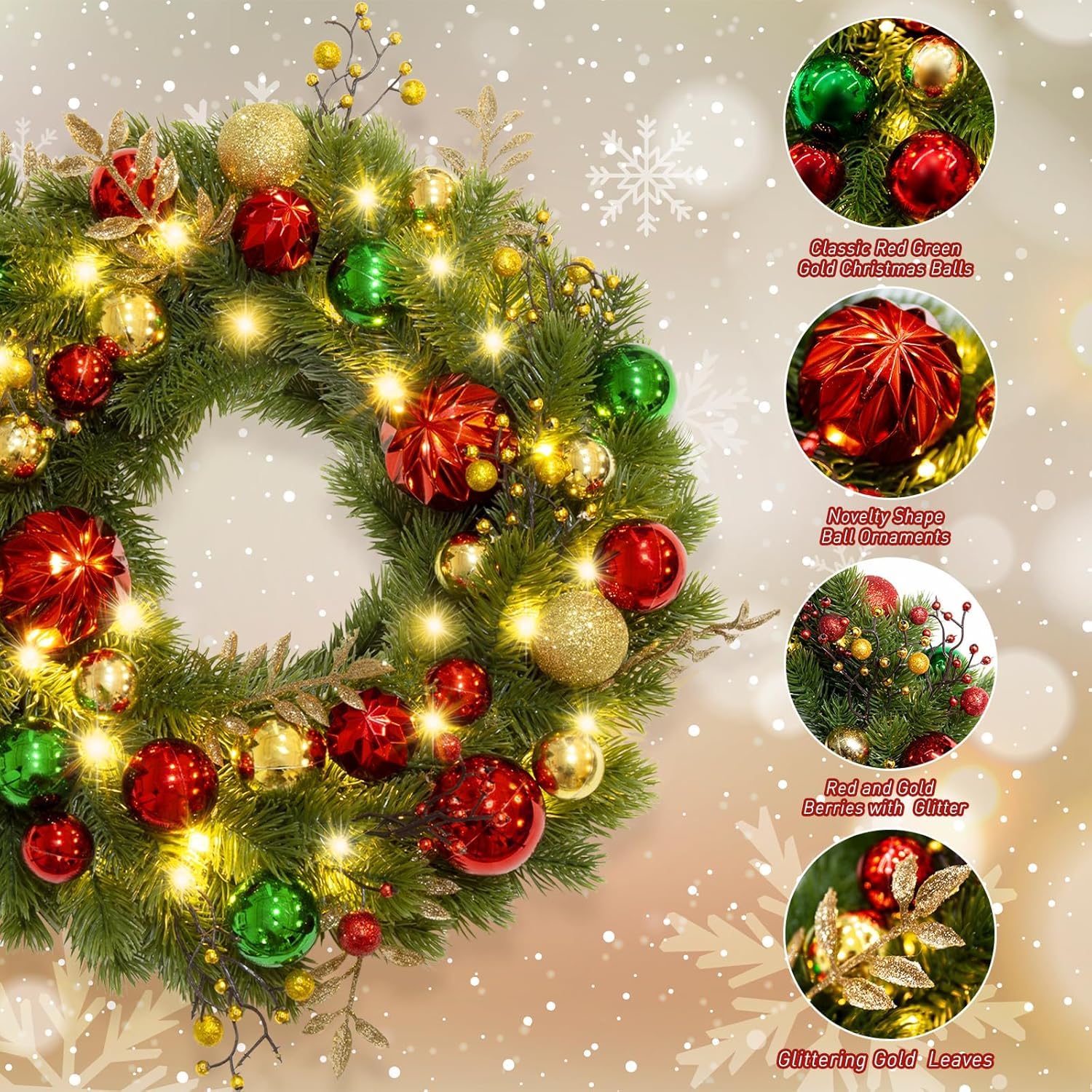 Avoalre Weihnachtskranz 40cm 40LEDs Lichterketten Timer Batteriebetrieben Künstlicher Kranz 8 Modi Innen Weihnachtsdeko mit Christbaumkugeln Türkranz für Weihnachten Fenster Tür | Künstlicher Kranz 8 Modi Innen Weihnachtsdeko mit Christbaumkugeln Türkranz