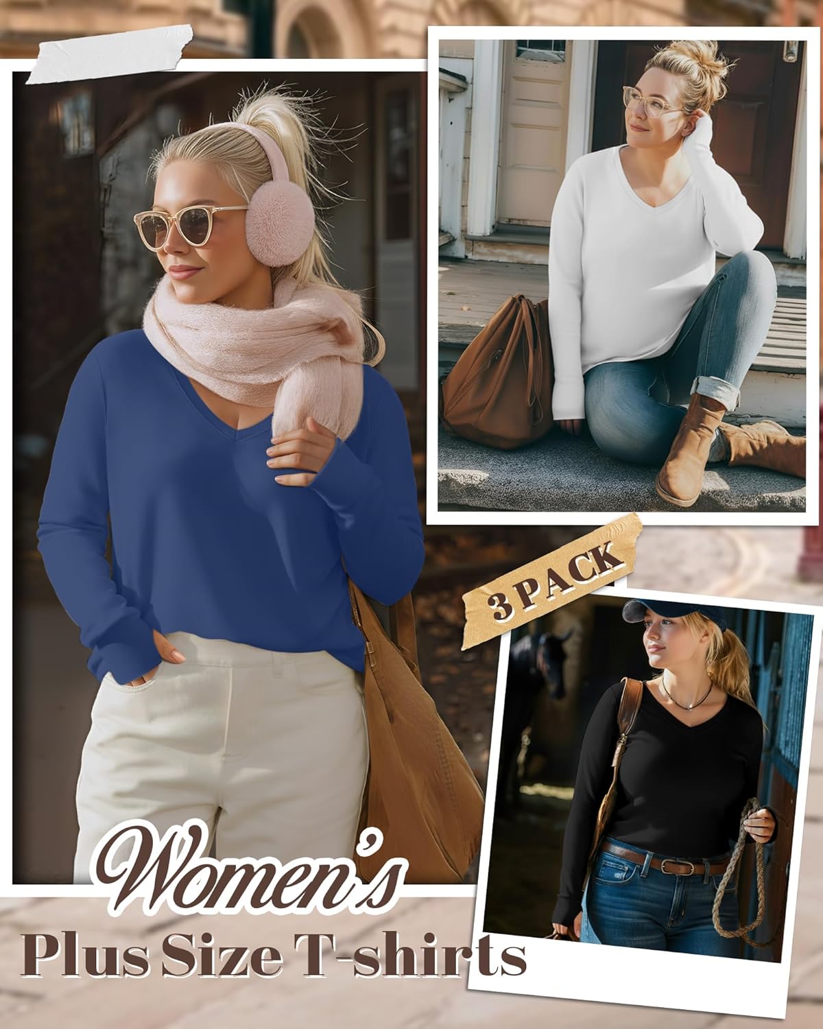 Huukeay 3 Pack Women's Plus Size Long Sleeve Shirts Thumb Holes V Neck Tunic Tops Loose Fit Curved Hem Casual 2026 Y2k Tees - Image 2