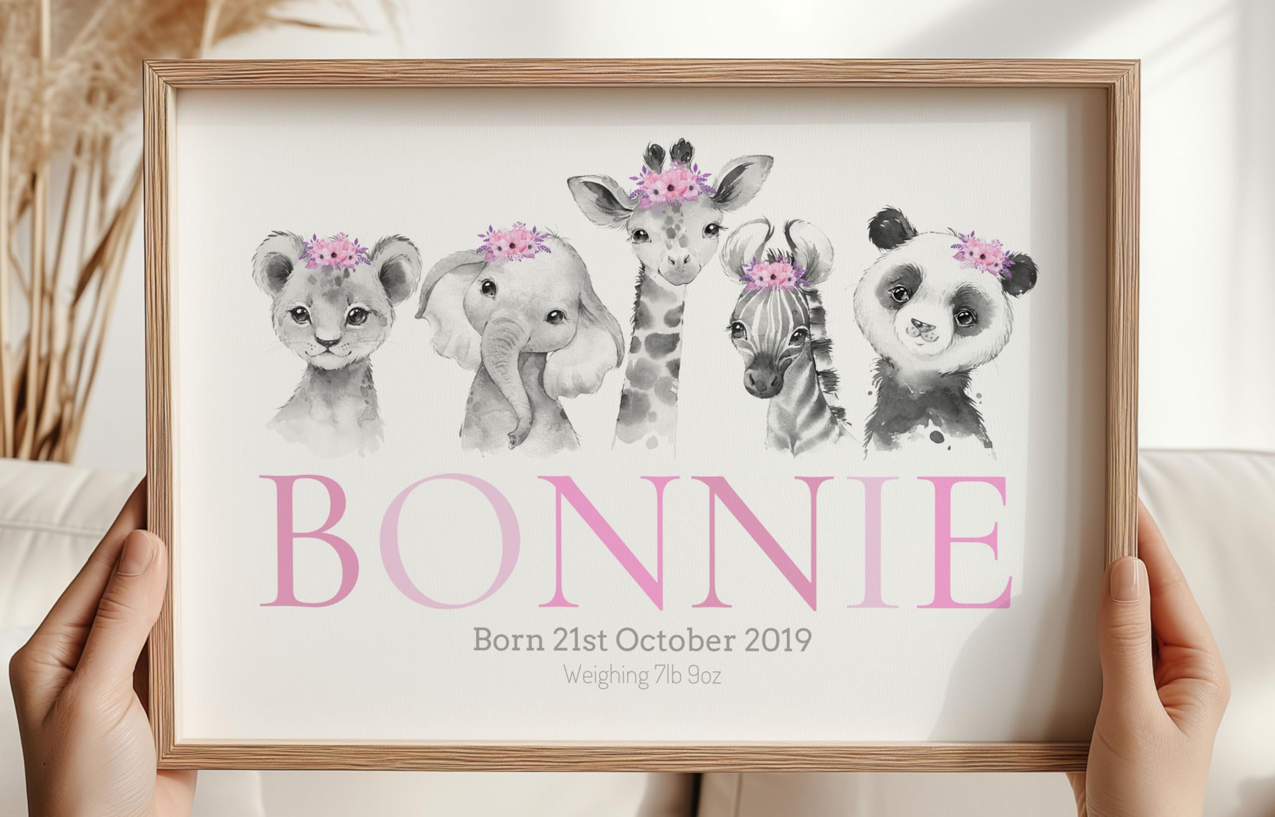 Eviepops Prints Safari Animals Girls Nursery Bedroom Unframed Print, Personalised Name and Birth/Weight Details, New Baby Gift Wall Art Decor, Pink Purple, Giraffe Elephant Lion Zebra Panda (A3) โ image 1