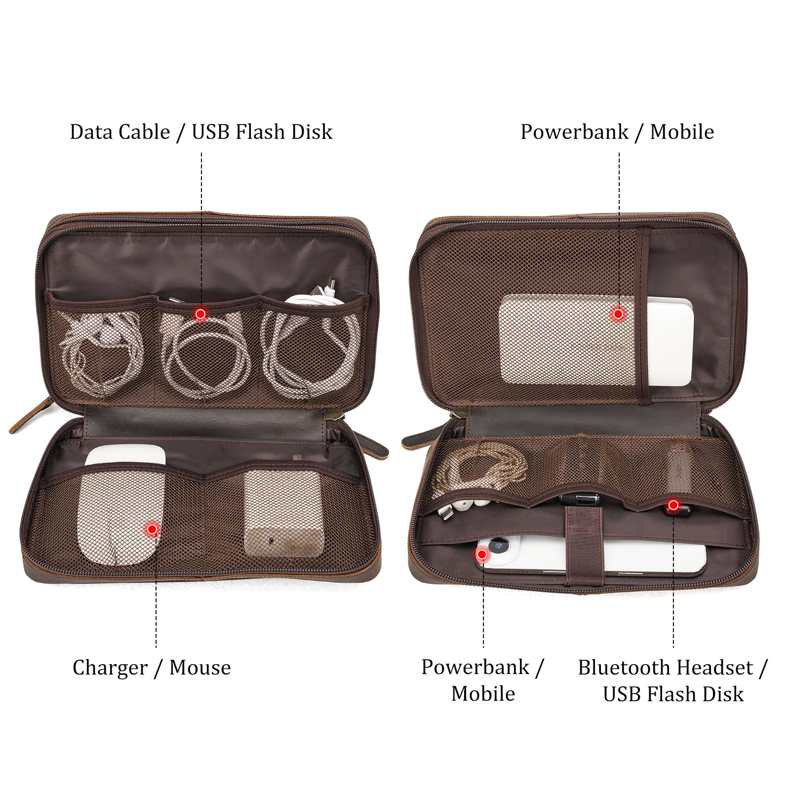 Polare Kabel-Organizer aus Vollnarbenleder, doppellagig, für Elektronikzubehör, Tragetasche mit YKK-Reißverschlüssen, All-in-One-Tech-Aufbewahrungstasche für Kabel, Powerbank, USB, Ladegerät