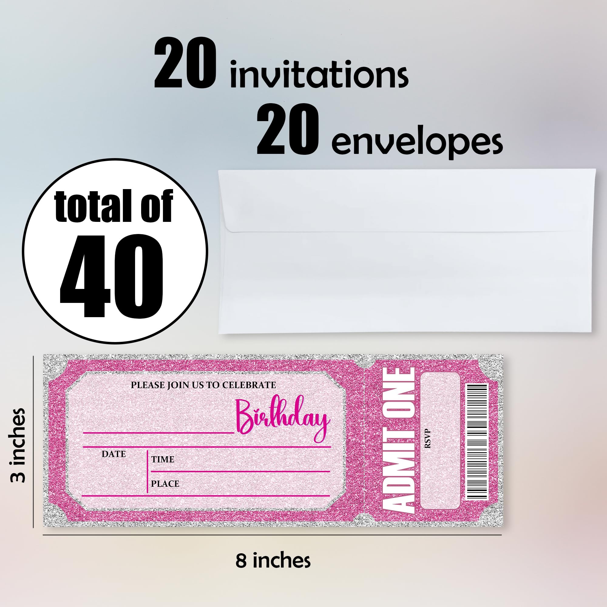 Zaproszenia urodzinowe 7 x 20 cm - 20 szt. różowe brokatowe zaproszenia kartki z 20 kopertami - dwustronne bilety Vip w stylu wypełnienia dla dziewczynki, nastolatki - upominki i dekoracje na