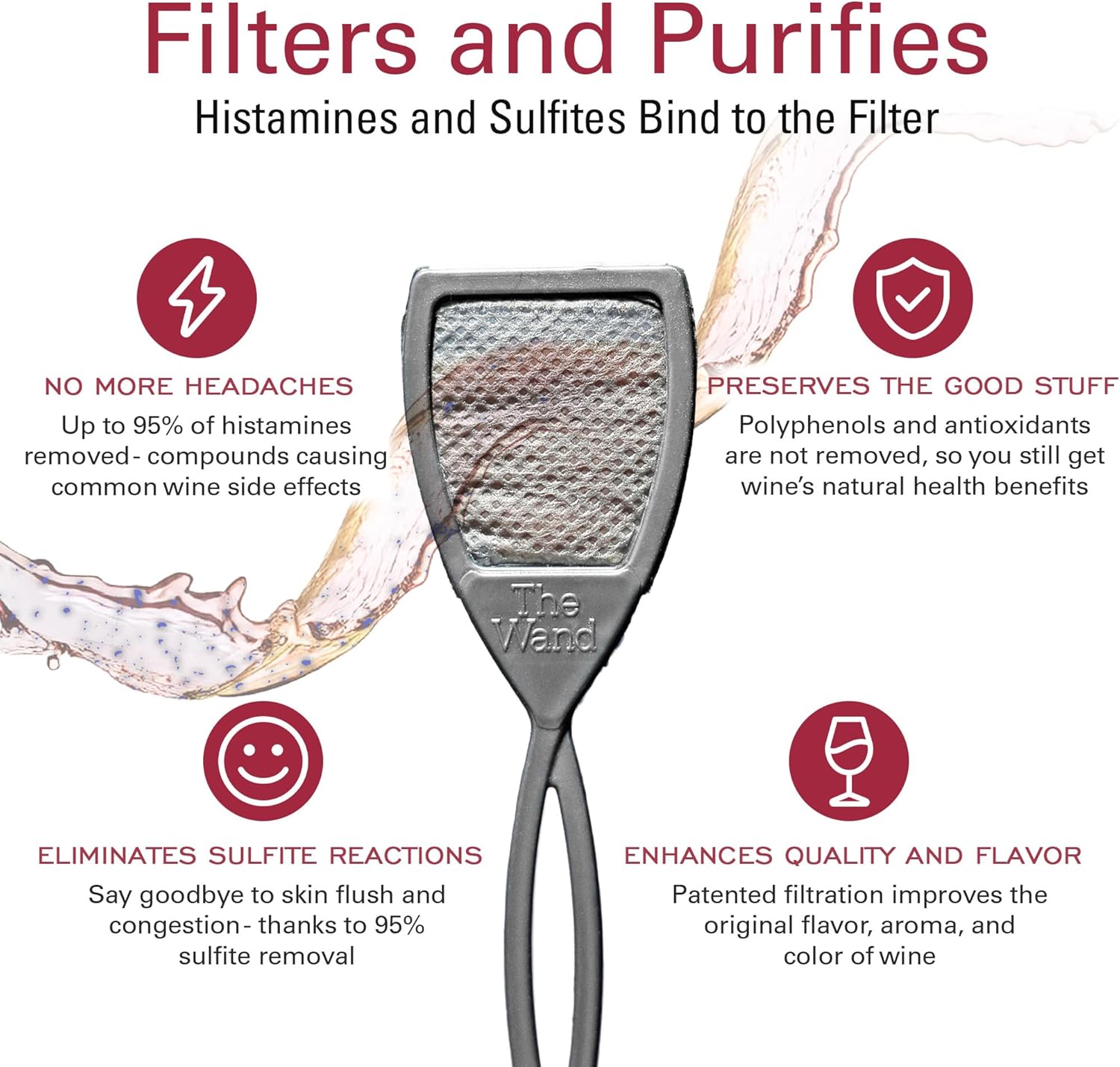 PureWine The Wand Wine Purifier - Red & White Wine Filters for Histamines & Sulfites, Sulfite Remover Sticks, Helps Allergies & Headaches, Gift Accessories for Women & Men - 8 Wands, Silver - Image 2