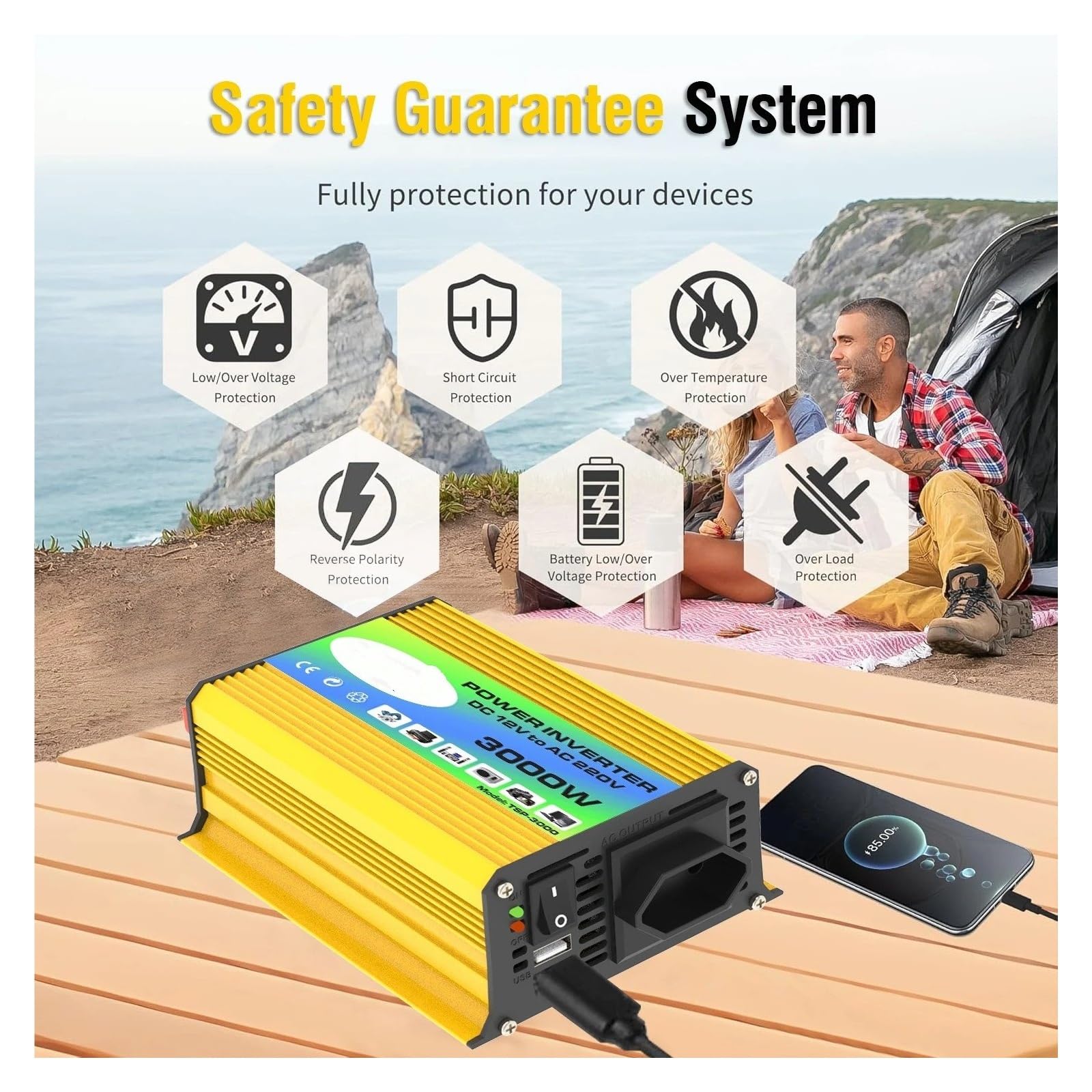 Power Inversor Corriente Inversor Corriente Máxima Coche 300W Clasificación 3000W 12V CC 220V CA Enchufe Europeo USB Dual Carga Rápida 42a Luz LED 8 Protecciones(Universal 12V 220V)