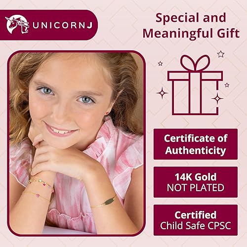 Miniatura 4 de UNICORNJ Pulsera de identificación de oro de 14 quilates grabable para niñas, niños y bebés, pulseras personalizadas con nombre de cadena Figaro
