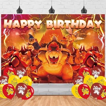 Bowser Birthday Party Backdrop, Marios & King Koopa Birthday Banner - 5x3ft Photo Background Props