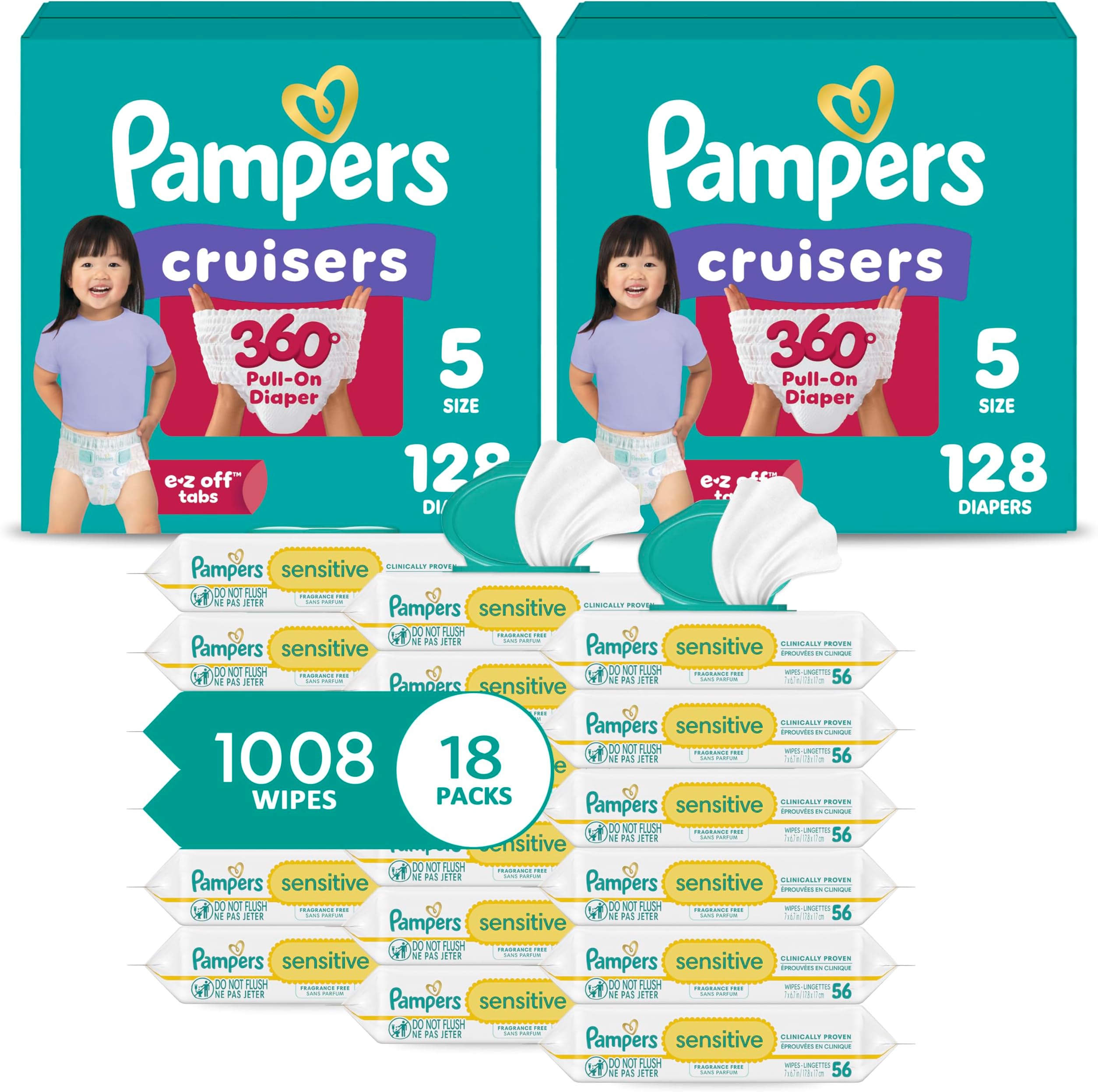 Pull On Cruisers 360ยฐ Fit Disposable Baby Diapers Size 5, 2 Months Supply (2 x 128 Count) with Sensitive Water Based Baby Wipes 12X Multi Pack Pop-Top and Refill (1008 Count)