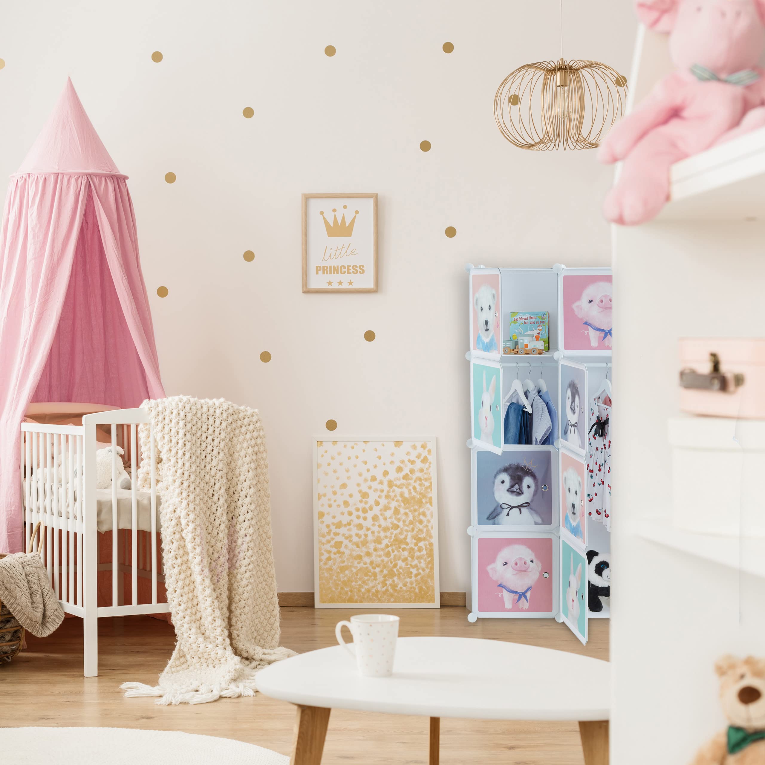 Relaxdays Scaffale Componibile da Cameretta, 8 Scomparti, Disegni di Animali, con Ante, HLP 145 x 109 x 37 cm, Bianco