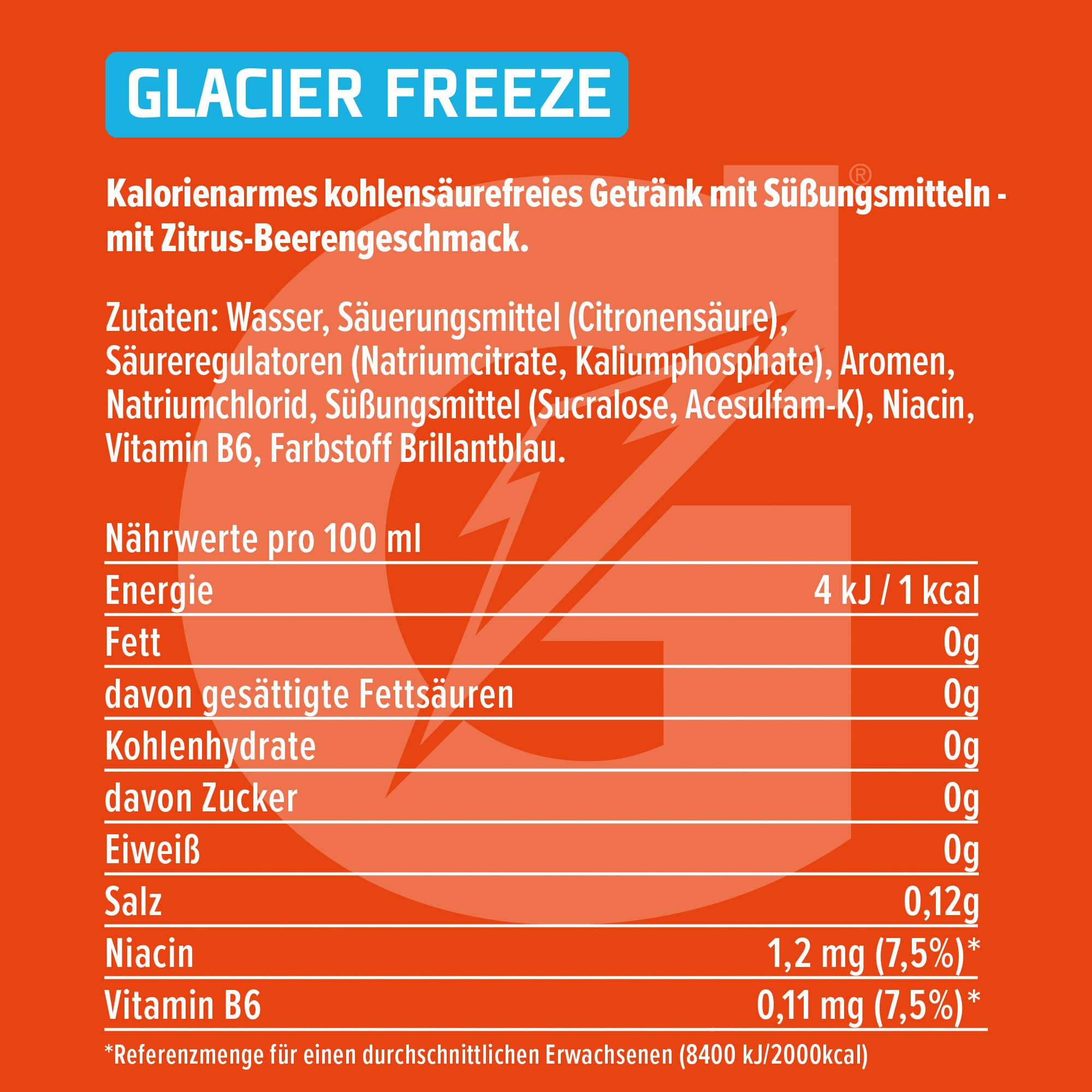 Gatorade Zero Glacier Freeze, kalorienarmes, zuckerfreies Sportgetränk mit Zitrus-Beerengeschmack, mit Vitaminen, in sportlicher PET-Einwegflasche (12 x 0,5 L)