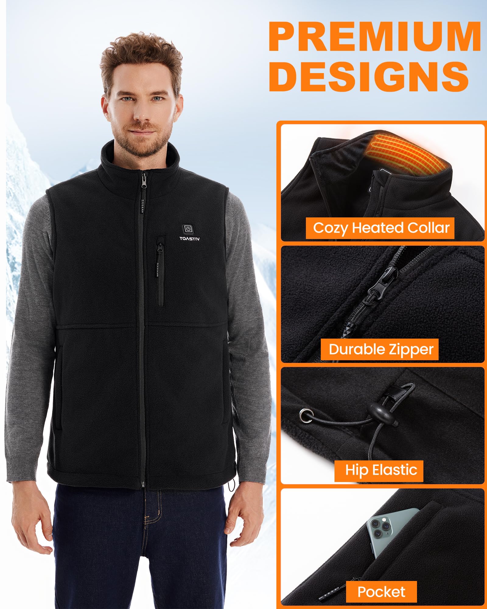 Toastiv Gilet Riscaldato in Pile Uomo, Gilet Riscaldato Elettrico con 3 Temperature, 6 Zone di Riscaldamento, Giacca Riscaldata USB, Gilet Riscaldato per Attività Outdoor (Senza Batteria)