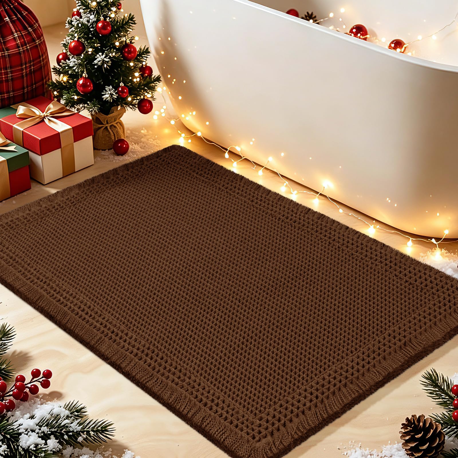 Waffle Bath Mat, Boho Woven Modern Bath Rug Absorbent Non Slip, Ultra Soft Bathroom Mats, Machine Washable Knit Bath Rugs with Border for Bathroom, Bedroom, Kitchen, Shower, Tub, 32"x20", Brown