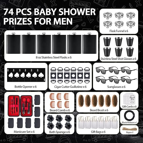 Miniatura 3 de Juego de 74 premios de baby shower para hombres, juego de 6 con frasco de cadera de acero inoxidable de 8 onzas con embudo abridor de botellas, kit