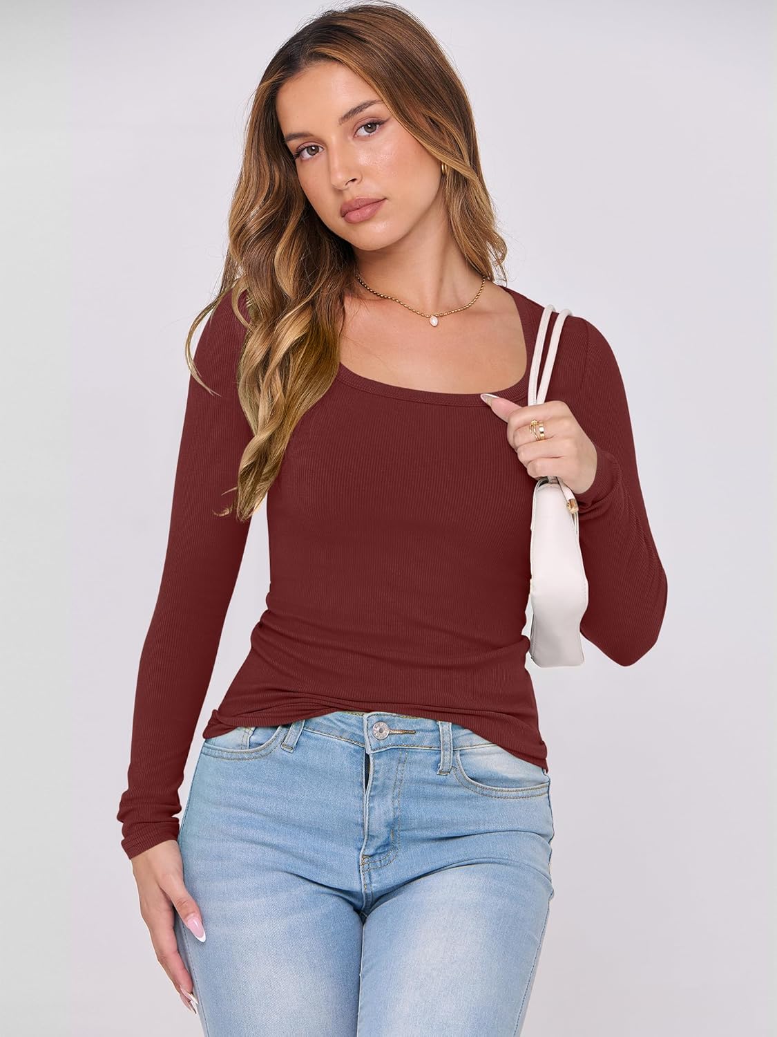 ANRABESS Womens Long Sleeve Shirts Scoop Neck Ribbed Knit Slim Fitted Tops Casual Basic Tee 2025 Fall Fashion Outfits Clothes - Image 5