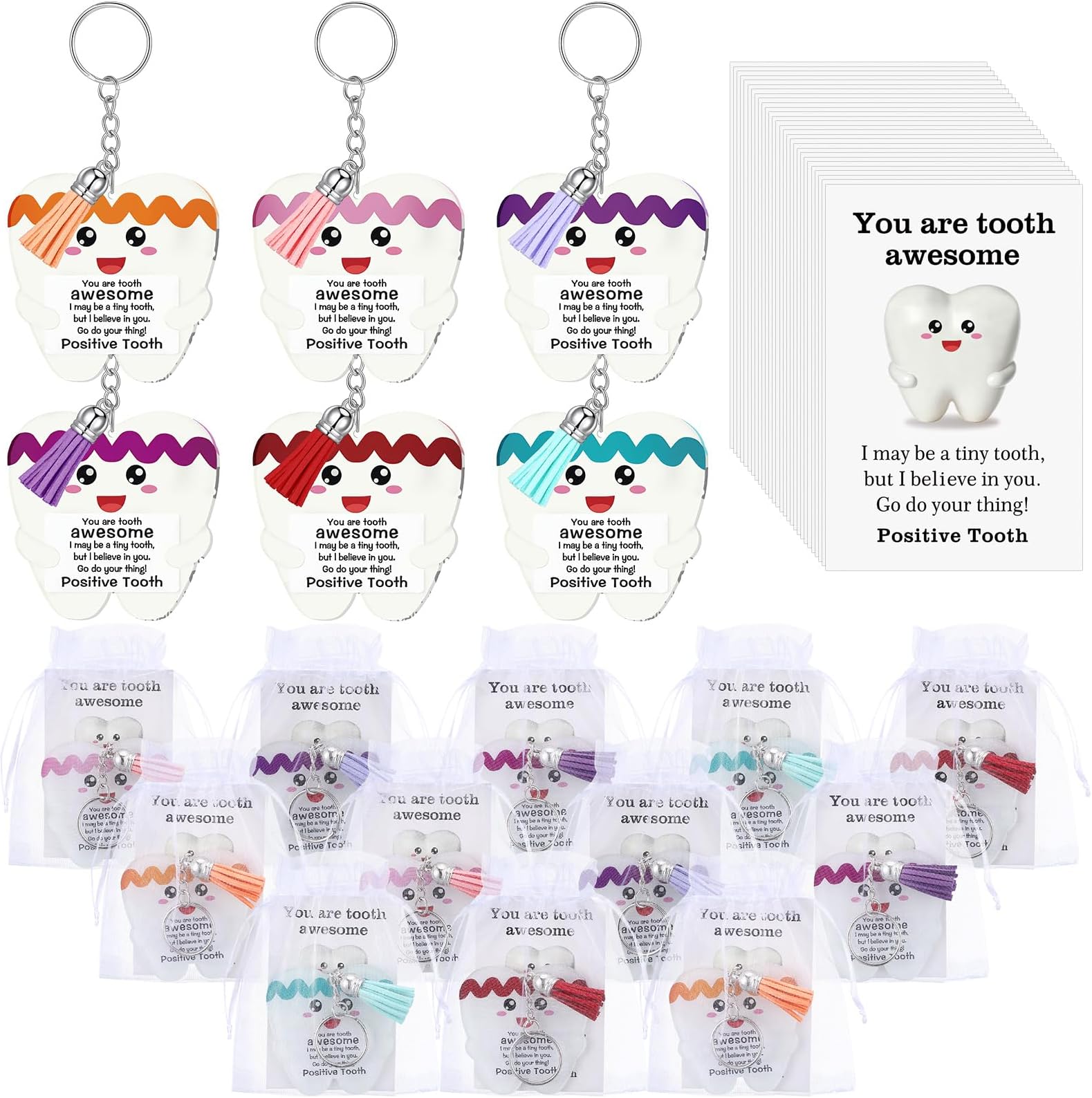 24 Sets Tooth Shape Keychain Gift Bulk Acrylic Keyring with Positive Card Organza Bag Cute Teeth Accessories for Dentist Dental Assistant Students Office Staffs Handbag Pendant Christmas Decor