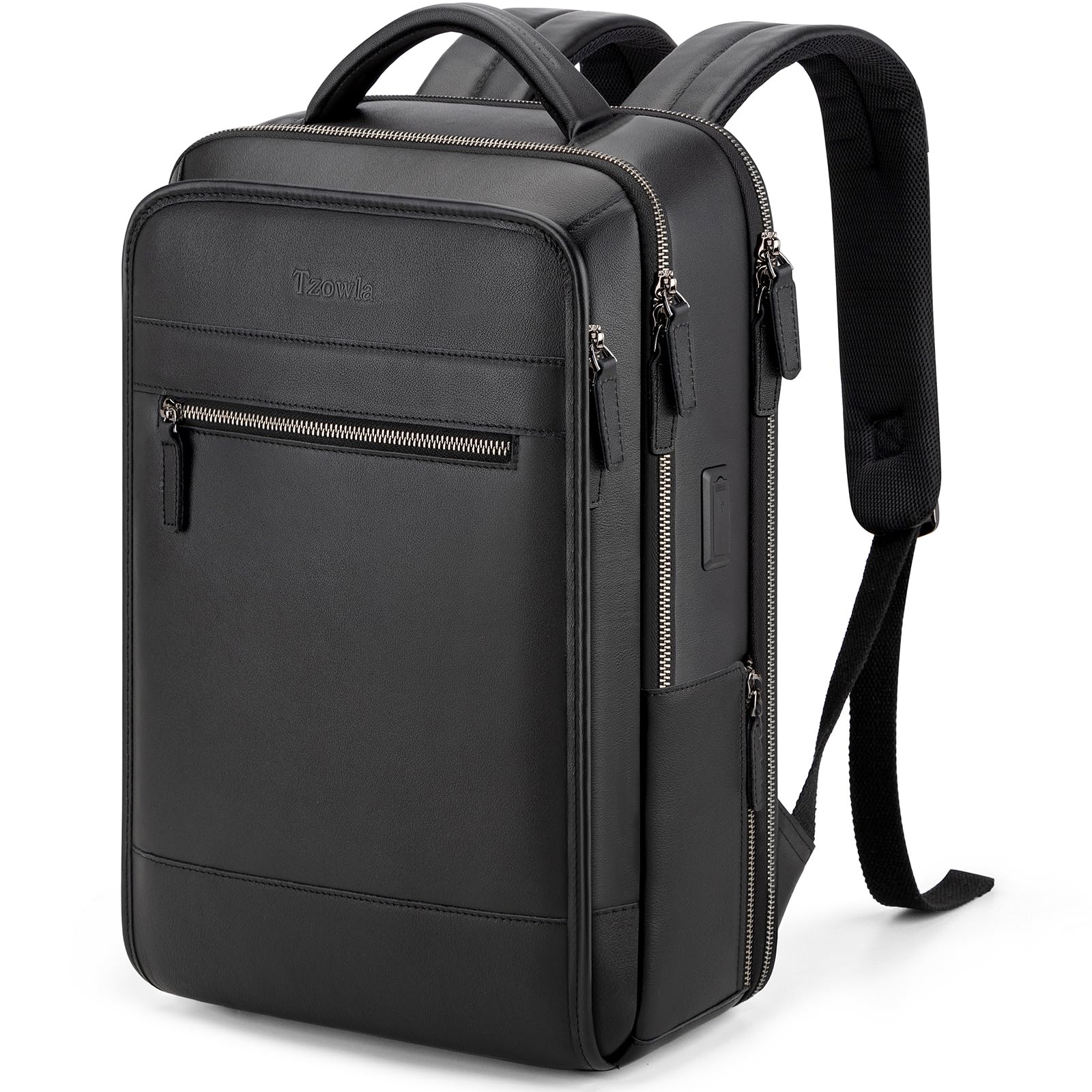 Tzowla Leather Laptop Backpack for Men and Women,Genuine Leather Vintage Backpacks with USB/Type-C Charging Port Fits 15.6inch Notebook,Business Work Travel Slim Daypack Black