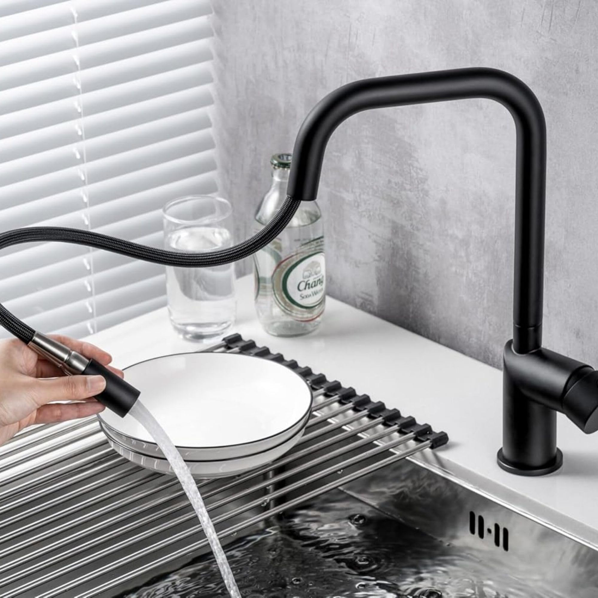 IMEX - Grifo Cocina Extraíble Cromado | Grifo Monomando Fregadero | Griferia Cocina con Ducha Flexible 360º | Grifería en Latón y Acero Inox S.304 | Serie Monza (NEGRO MATE)