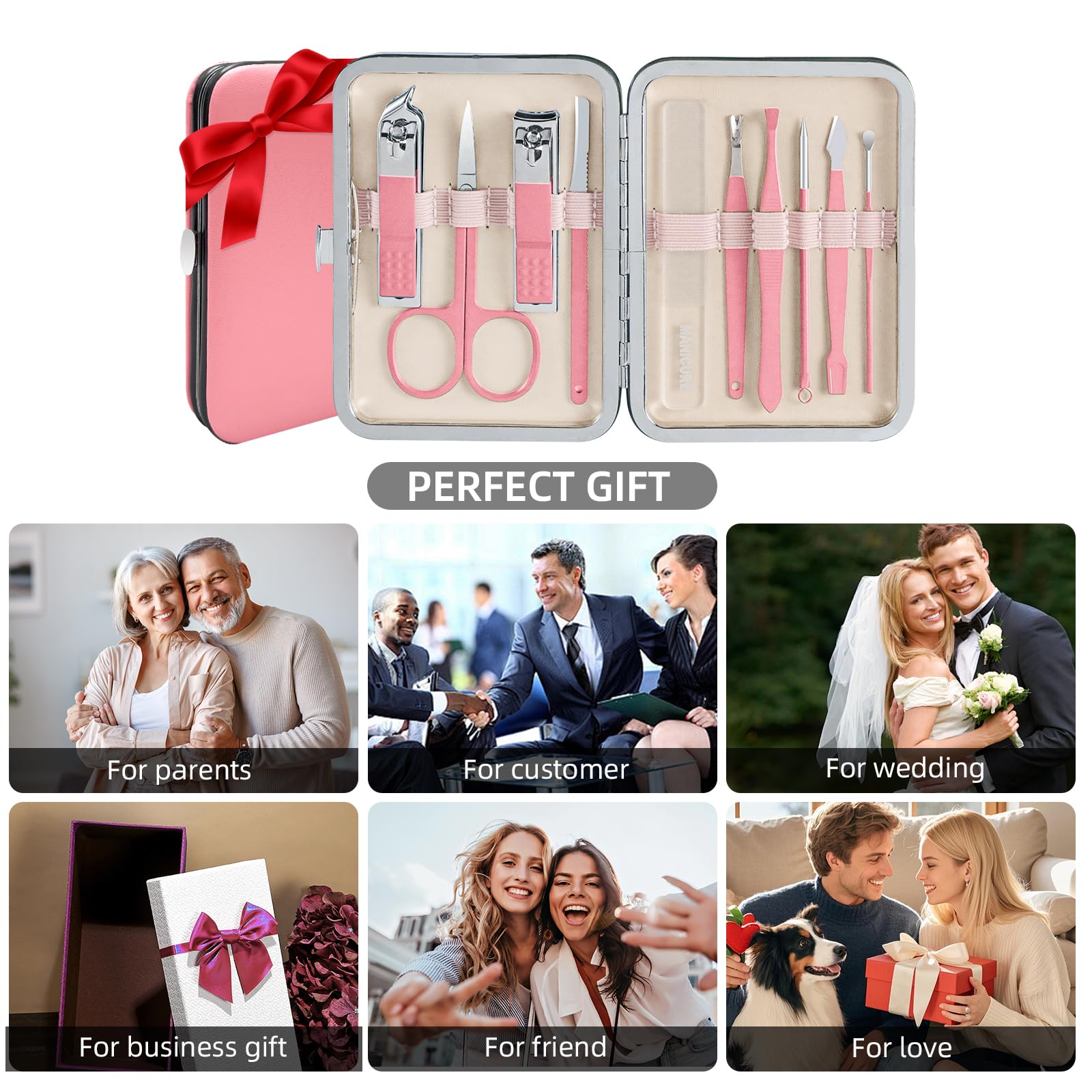 Andrea Juego de manicura, kit de 10 piezas de cortaúñas profesional de acero inoxidable, kit de manicura portátil, kit de pedicura (rosa)