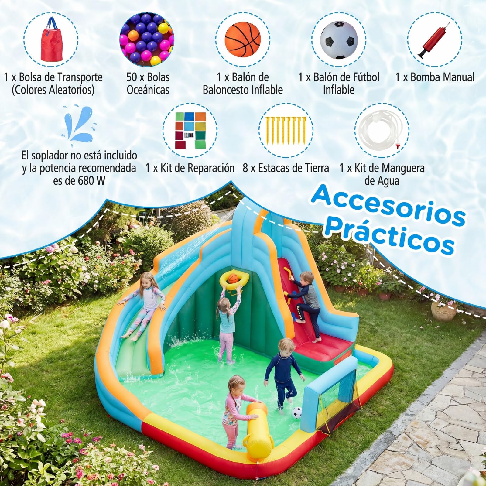COSTWAY Castillo Hinchable Niños con Tobogán AcuáTico, Parque Infantil Inflable con Bolas Oceánicas, Fútbol, Baloncesto, Muro de Escalada, Aro, Portería y Cañón de Agua para 3 a 12 Años (Sin Soplador)