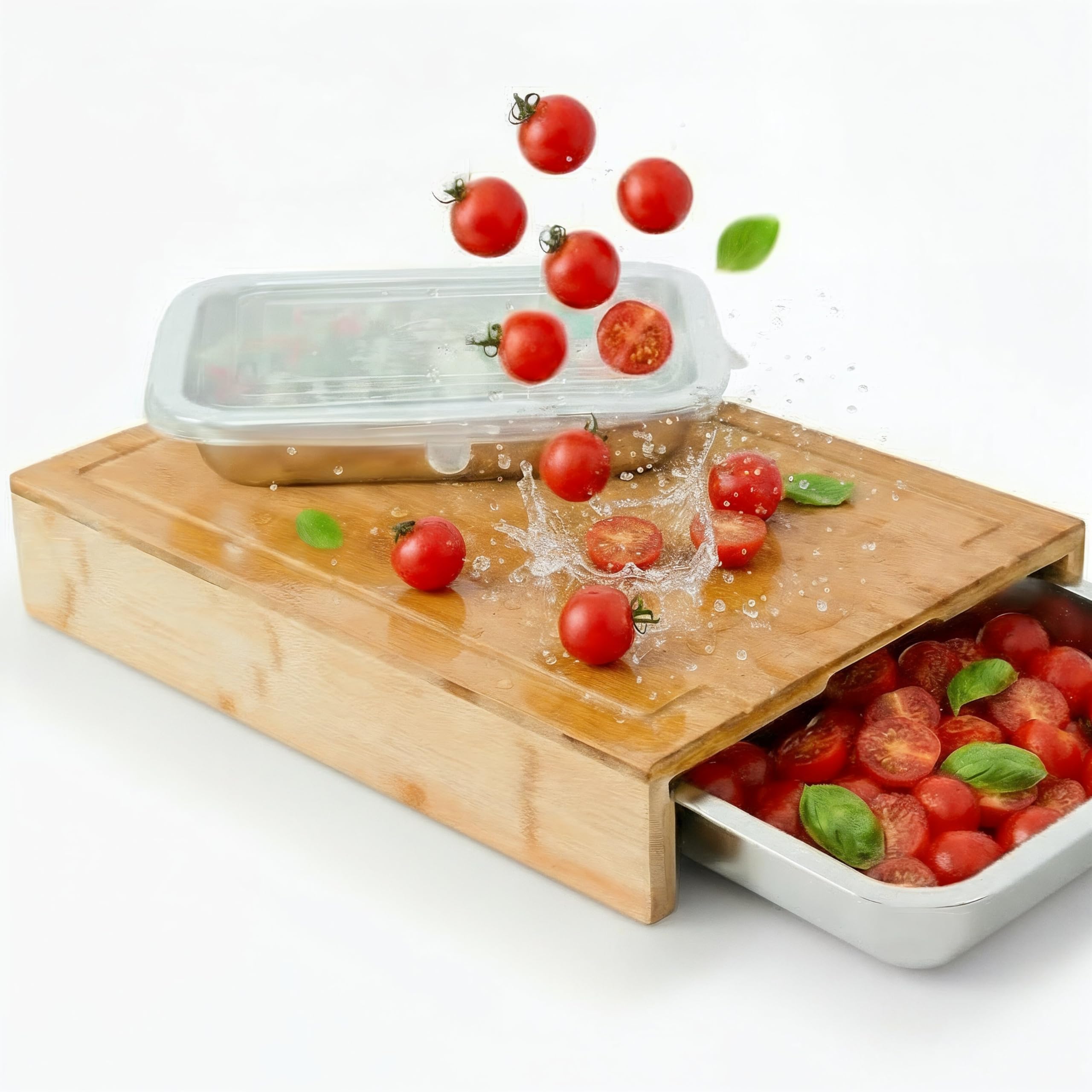 Tabla de cortar de madera con bandejas y tapas | cortar, recoger y almacenar | práctico accesorio de cocina | tabla de cortar ideal para cocinar de forma eficiente | Tabla de madera XXL para cocina