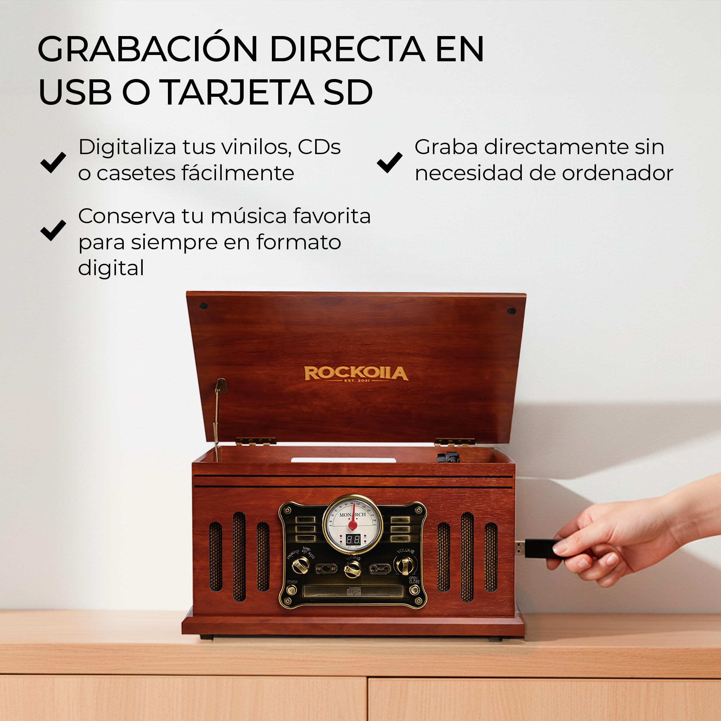 Tocadiscos Retro Bluetooth de Vinilo, Altavoces Estéreo【33/45/78 RPM】 Giradiscos Vintage | Radio FM, Cassette, CD, MP3, USB, SD, Grabadora | Salida RCA/Aux In (Monarch)