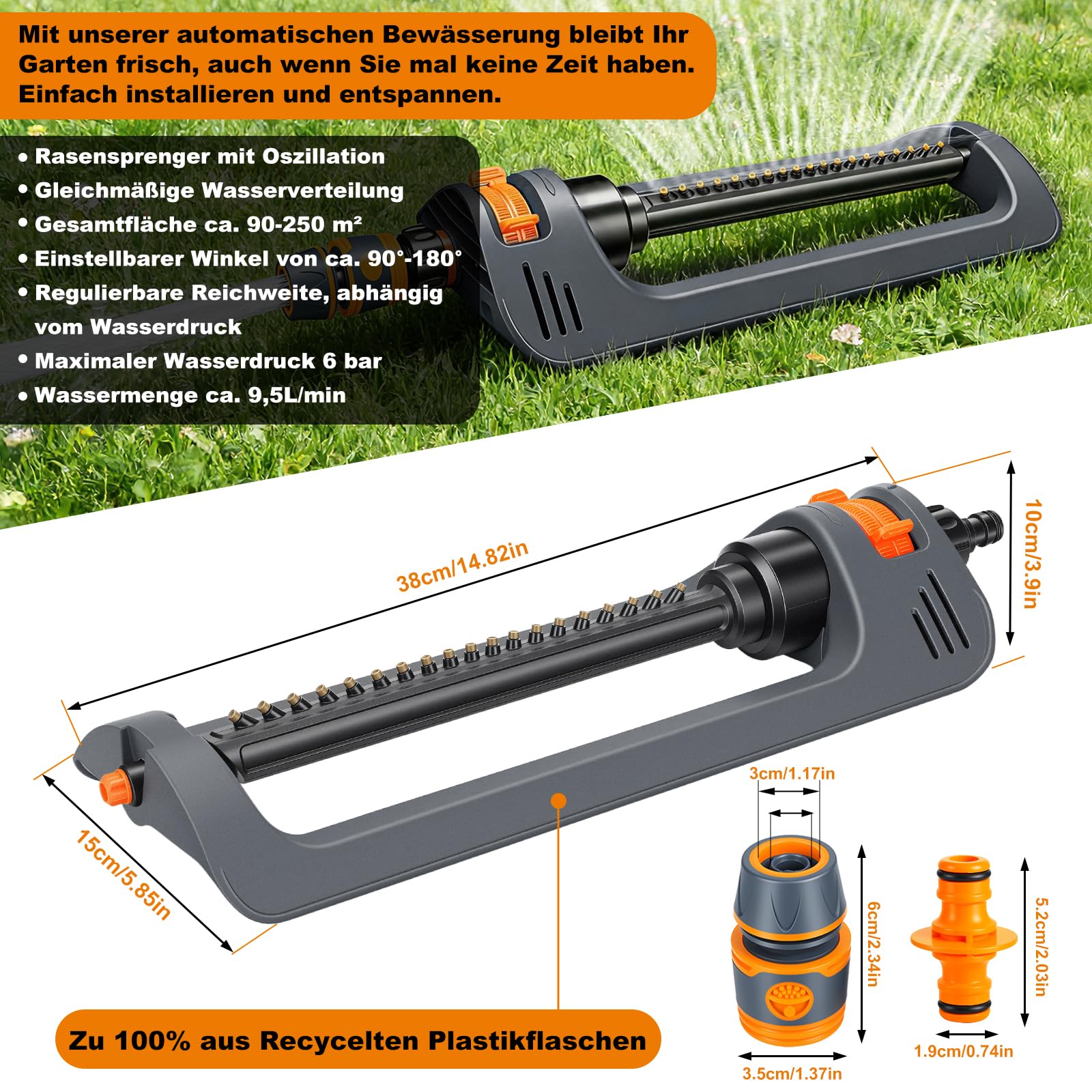 Rasensprenger bis 90-250 m², Viereckregner mit Schlauchanschluss | zur Gartenbewässerung, 19 Düsen,Sprengbreite bis 10m Einstellbarer, Rasensprinkler zur Bewässerung für Rasen & Flächen