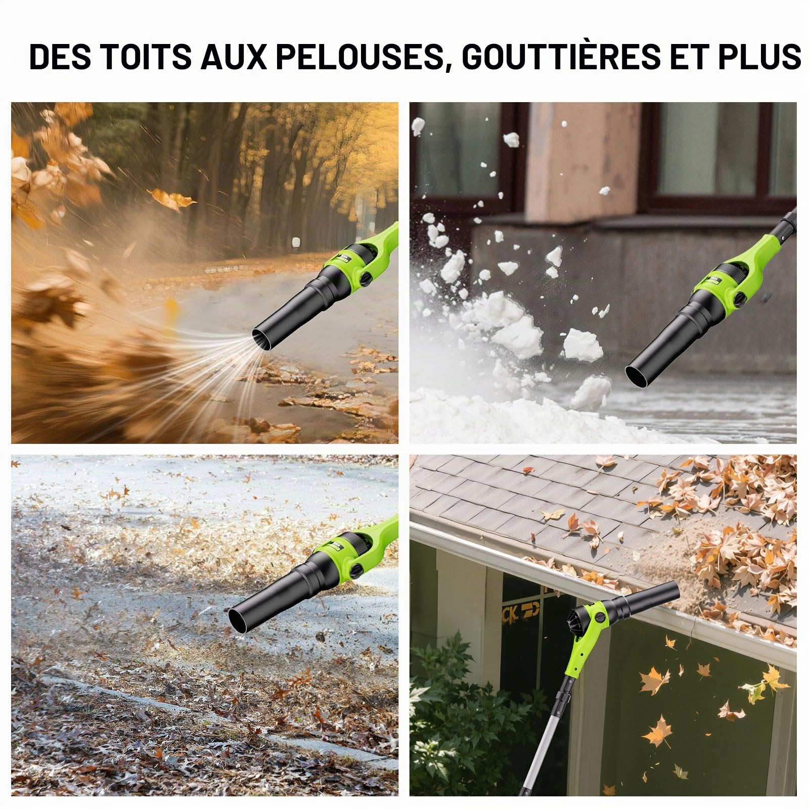 AOKIA Souffleur à Batterie avec Perche Télescopique 2 m & 2×4000 mAh, Souffleur Léger 290 km/h & 985 m³/h, Mode Turbo, Cordless Leaf Blower pour Jardin, Neige, Feuilles & Poussière