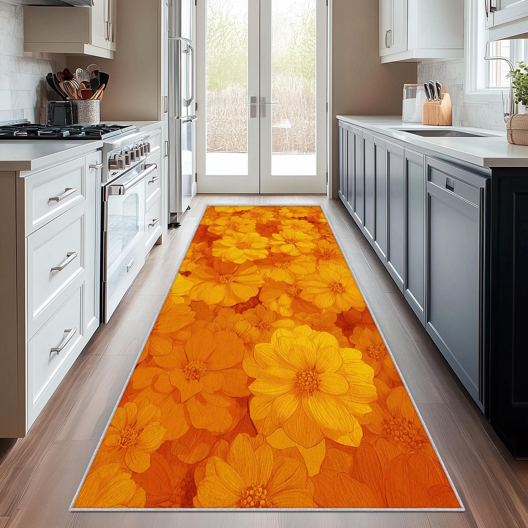 Tapis d'entrée antidérapant lavable pour stopper la saleté motif fleurs 3D