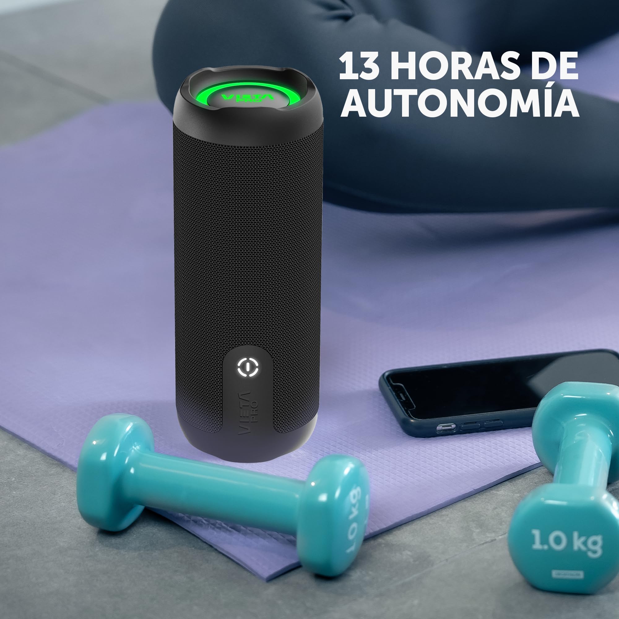 Vieta Pro Altavoz Pequeño Bluetooth 5.3 Potente, Resistente al Agua, 13H de Batería y Micrófono. Altavoz Portátil Grande True Wireless, Aux In, USB, Asistente de Voz y Sistema de Luces | Upper 4
