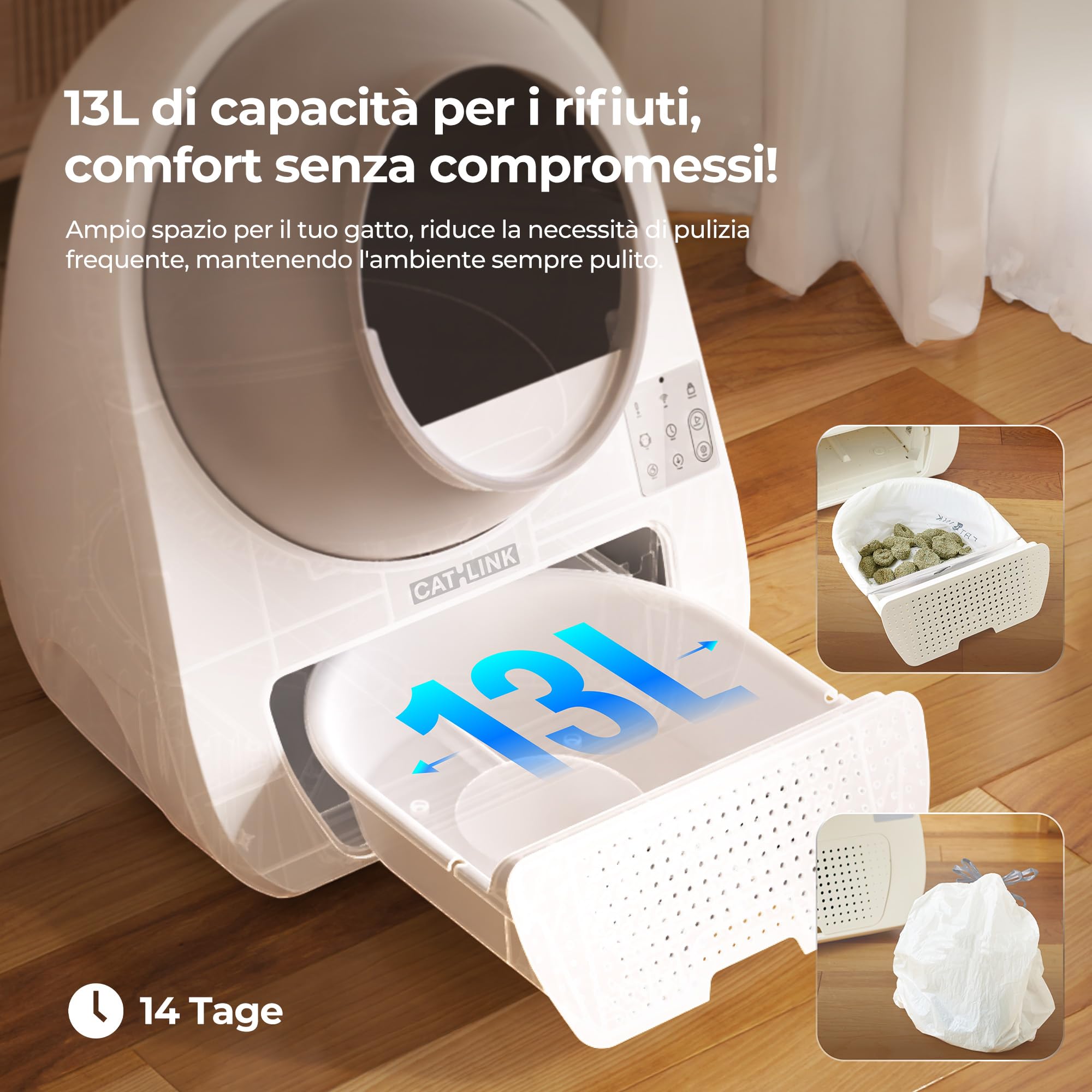 CATLINK Pro-X APP-13L Lettiera per gatti autopulente con contenitore per gatti di grandi dimensioni, 4 modalità di pulizia, 4 modalità di pulizia, 4 regolatori di odori (ozono UV+carbone attivo + gel