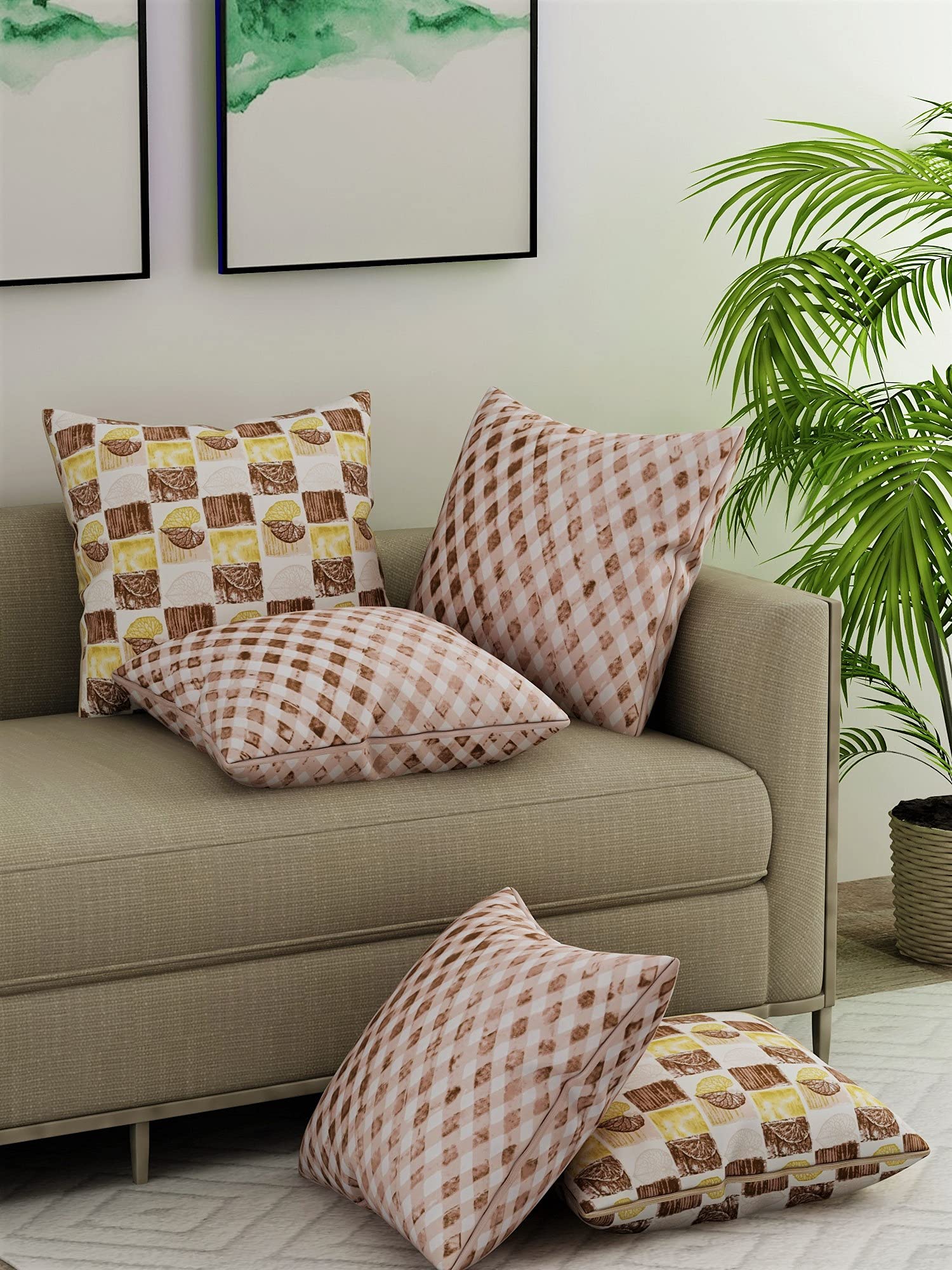 Salona Bichona 100% Cotton Brown Printed Cushion Covers (Pack of 5)