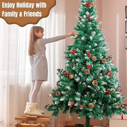 Miniatura 5 de SPORTYOUTH Árbol de Navidad artificial de 5 pies, árbol de Navidad falso flocado de nieve de alta calidad con conos de pino, soporte de metal de